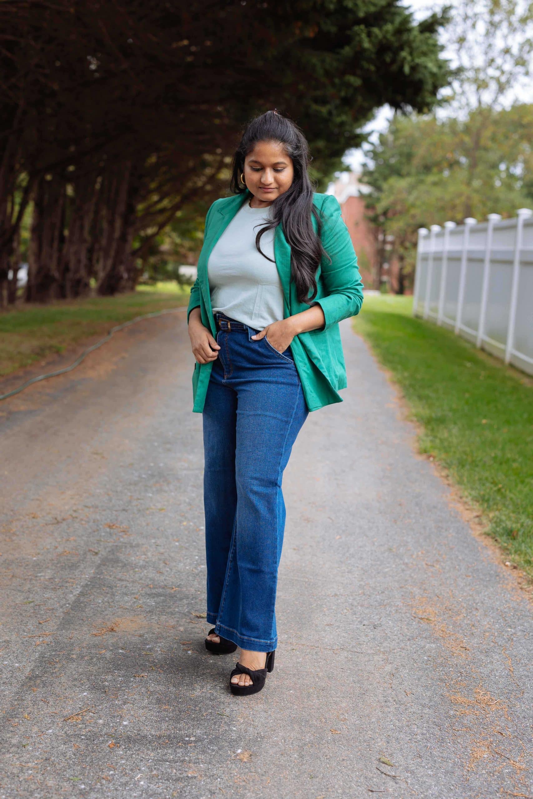 Wearing Ann Taylor High Rise Belted Trouser Jeans , Banana Republic Green Blazer, Walmart Scoop Platform Heeled Sandals-Fall Modest Outfit Ideas by Top Modest Fashion Blogger Dreaming Loud