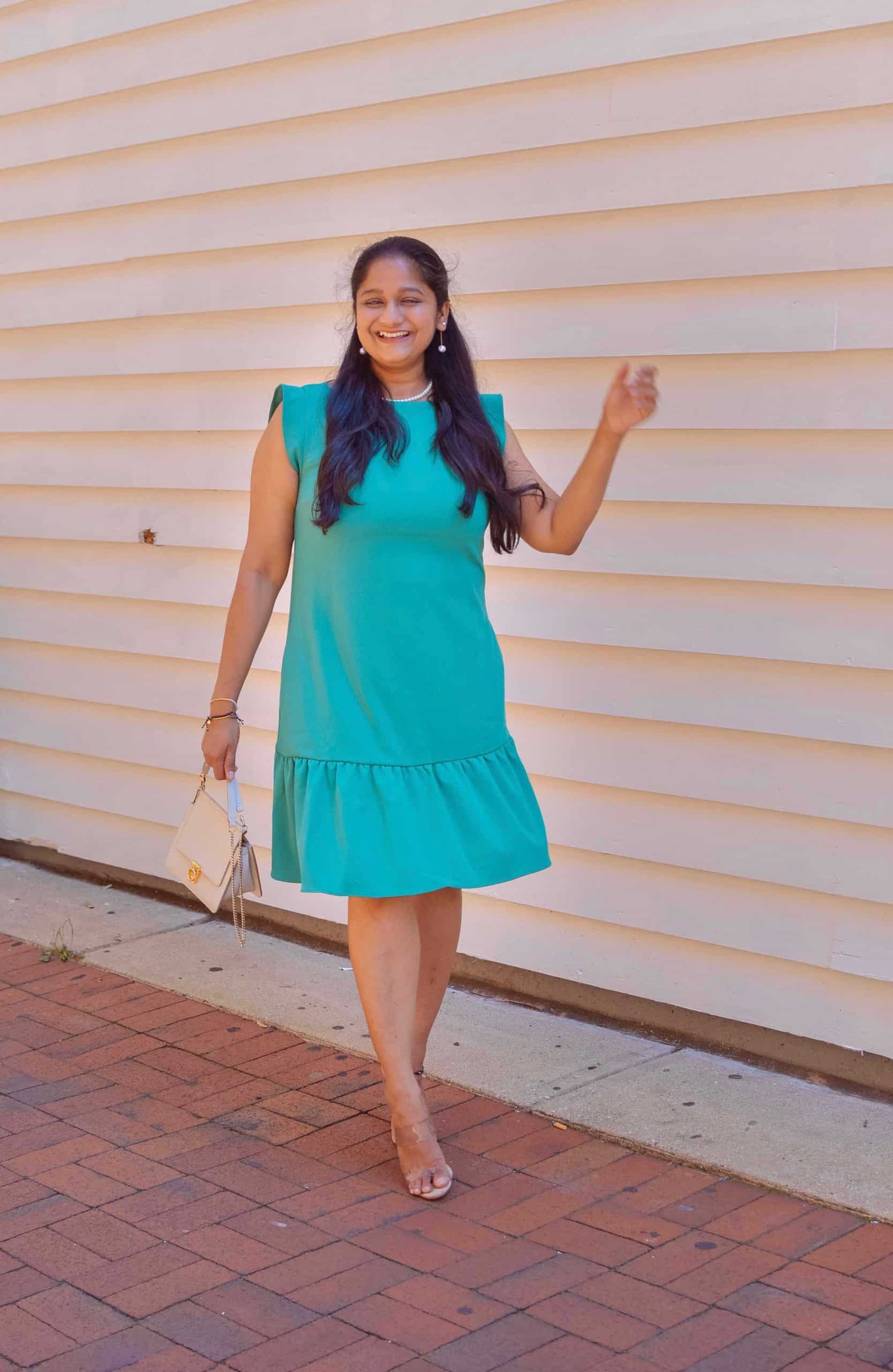 office Outfit-Wearing NordstromRack Maggy London Boatneck Cap Sleeve Ruffle Hem Crepe Shift Dress, Polene Numero Sept mini, Schutz Ariella heels- What to wear to Job Interview