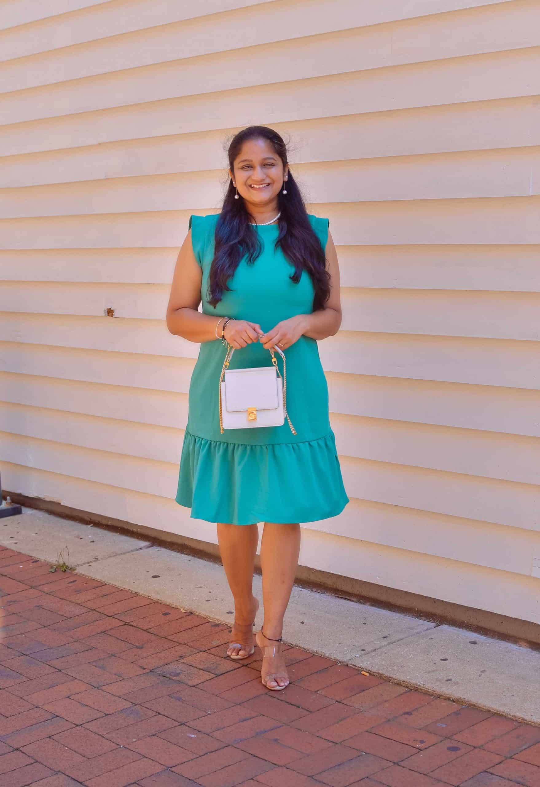 Wearing NordstromRack Maggy London Boatneck Cap Sleeve Ruffle Hem Crepe Shift Dress, Polene Numero Sept mini, Schutz Ariella heels