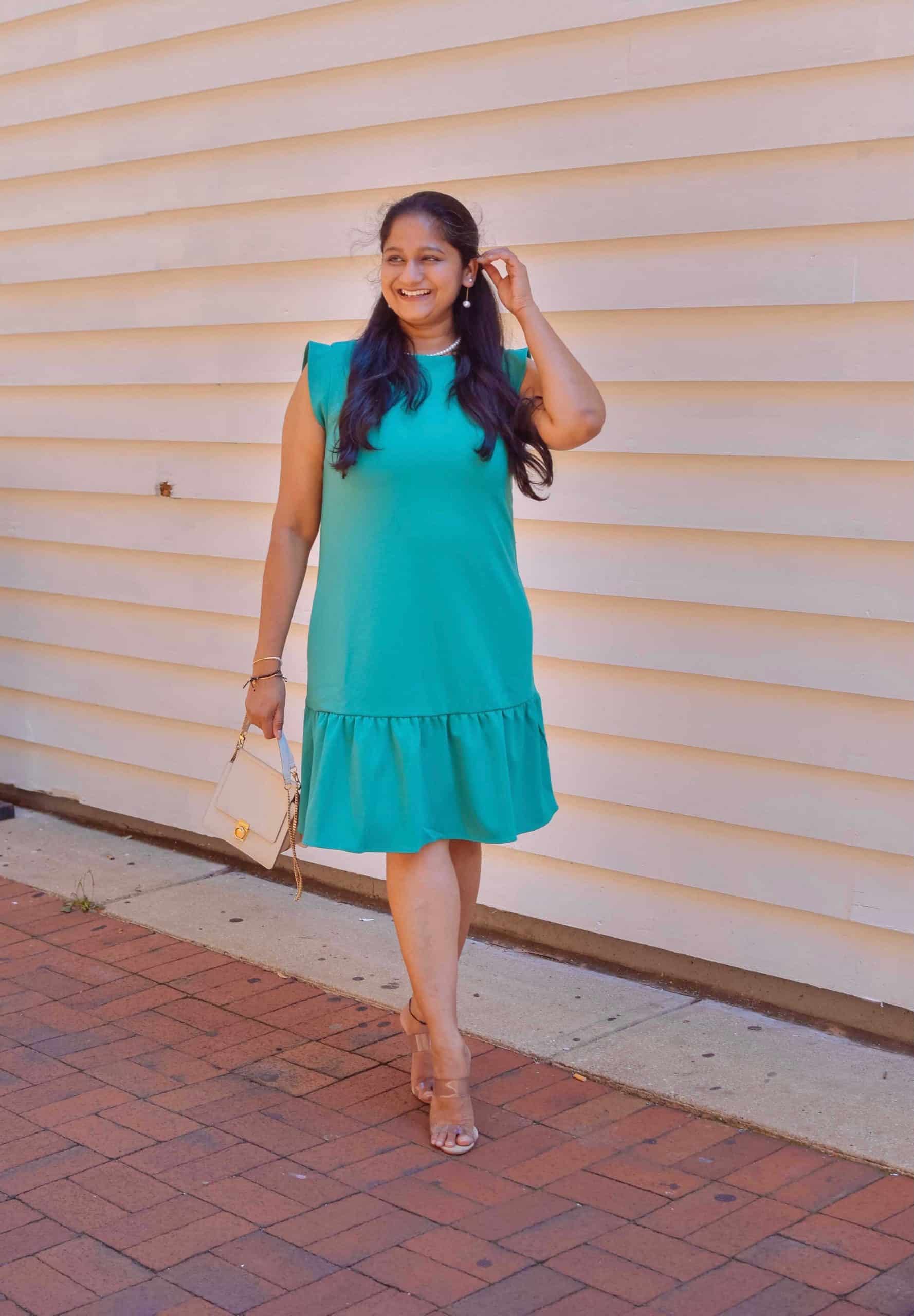 Workwear Dress-Wearing NordstromRack Maggy London Boatneck Cap Sleeve Ruffle Hem Crepe Shift Dress, Polene Numero Sept mini, Schutz Ariella heels