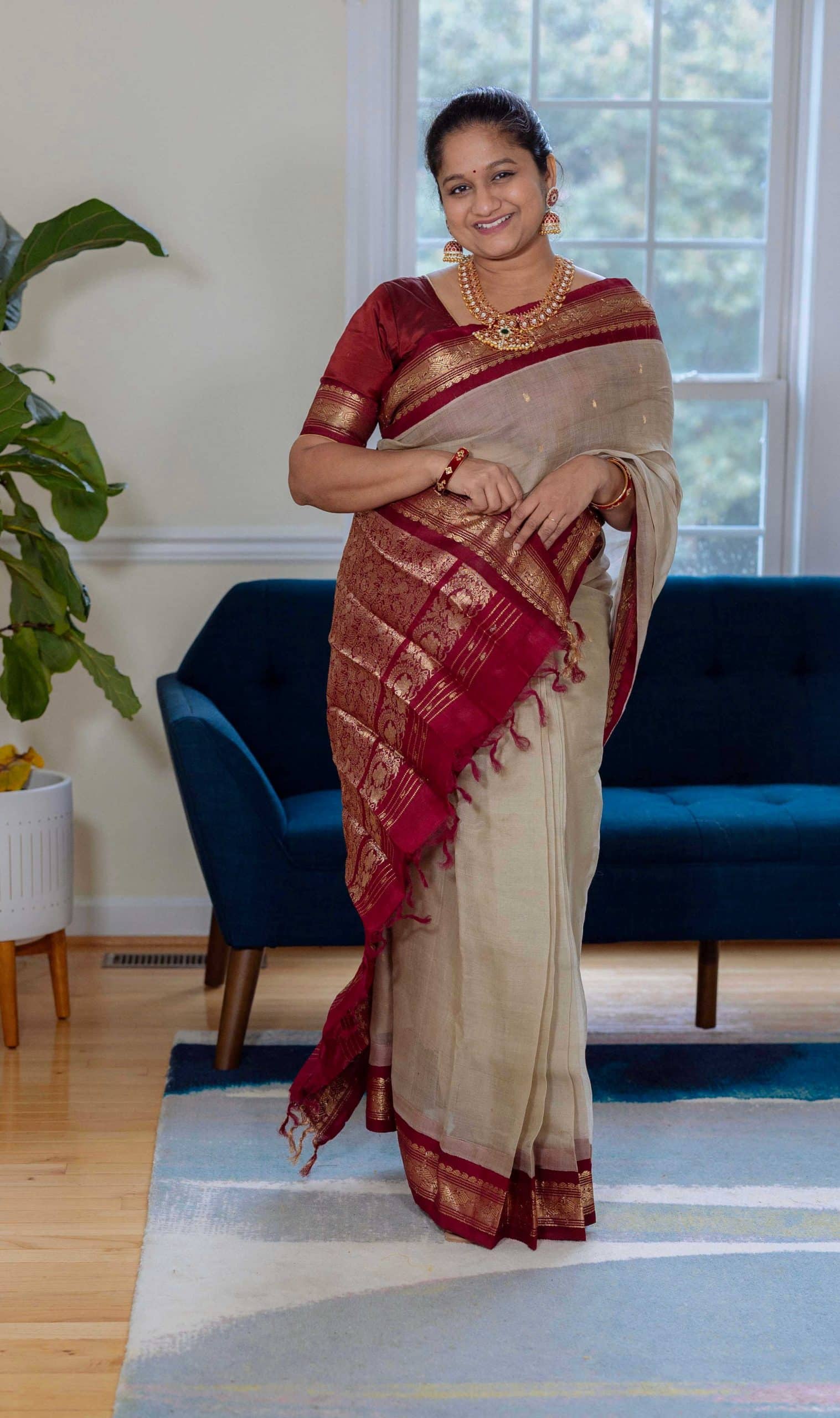 Navratri 2022 Day 6 Outfit- My Grand Mother's Grey Gadwal Saree, 925 Silver Mango mala necklace by top US Indian blogger dreaming loud