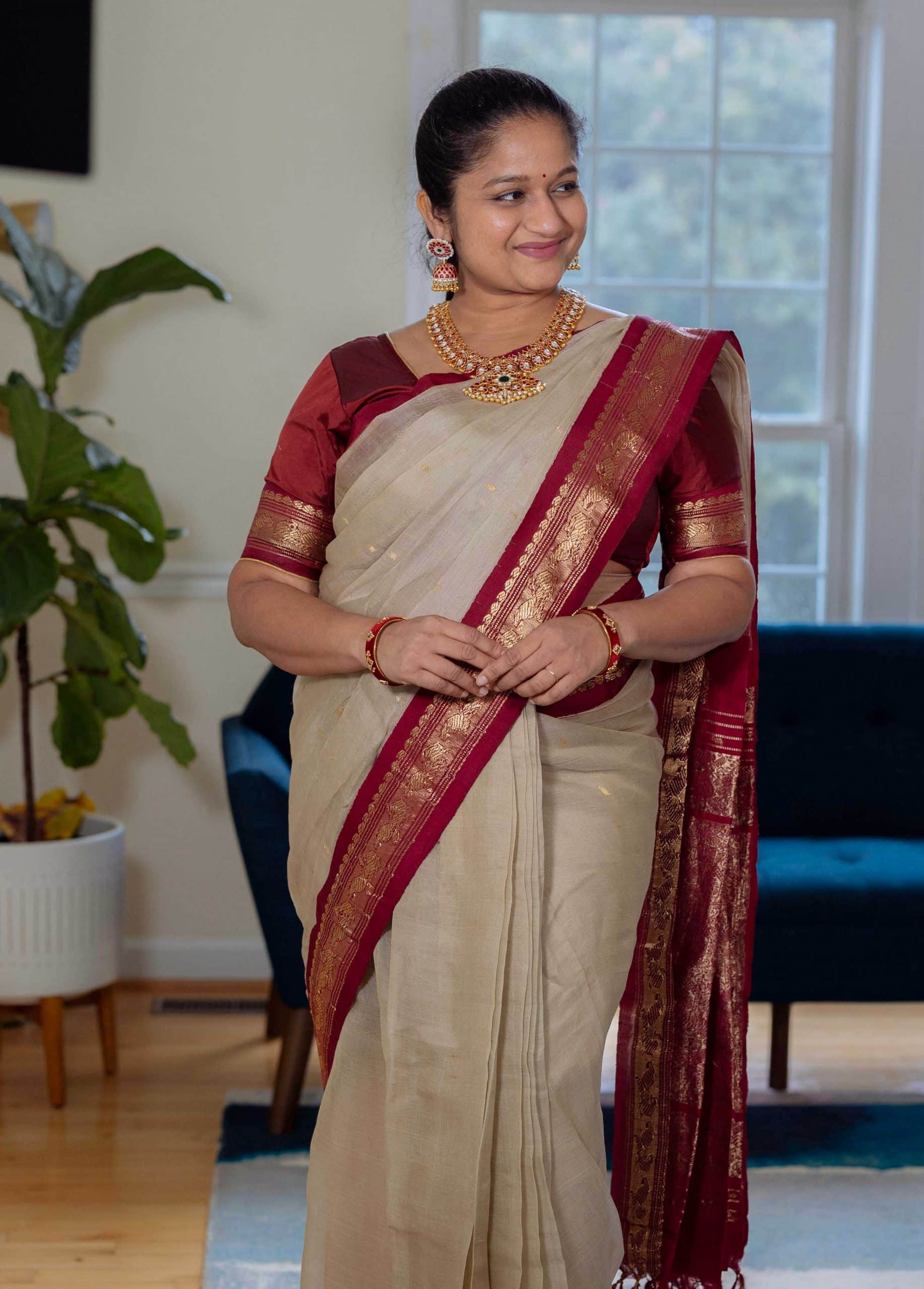 Navratri 2022 Day 6 Outfit- My Grand Mother's Grey Gadwal Saree, 925 Silver Mango mala necklace by top US Indian blogger dreaming loud