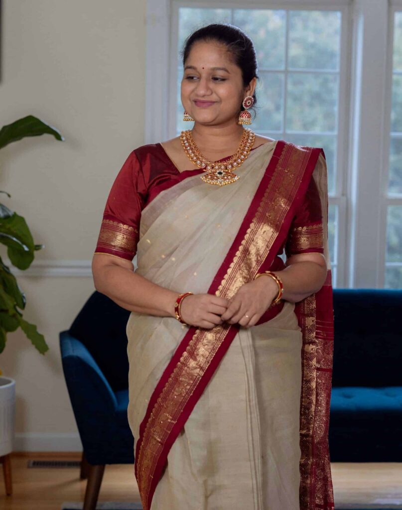 Navratri 2022 Day 6 Outfit- My Grand Mother's Grey Gadwal Saree, 925 Silver Mango mala necklace by top US Indian blogger dreaming loud