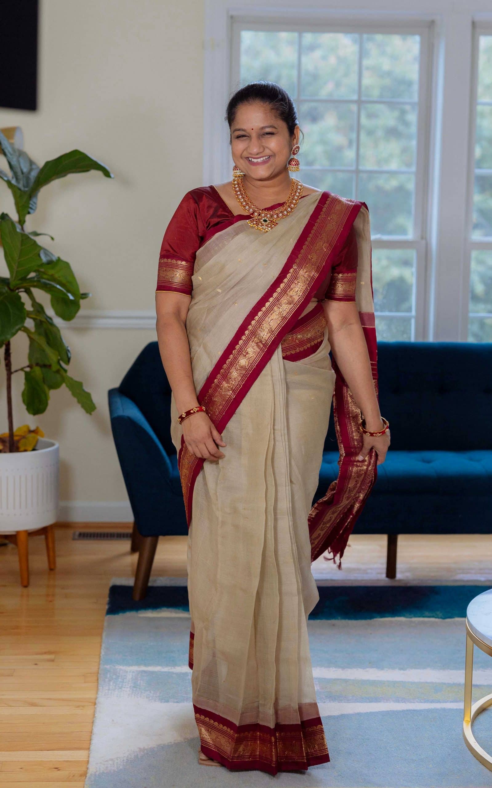 Navratri 2022 Day 6 Outfit- My Grand Mother's Grey Gadwal Saree, 925 Silver Mango mala necklace by top US Indian blogger dreaming loud