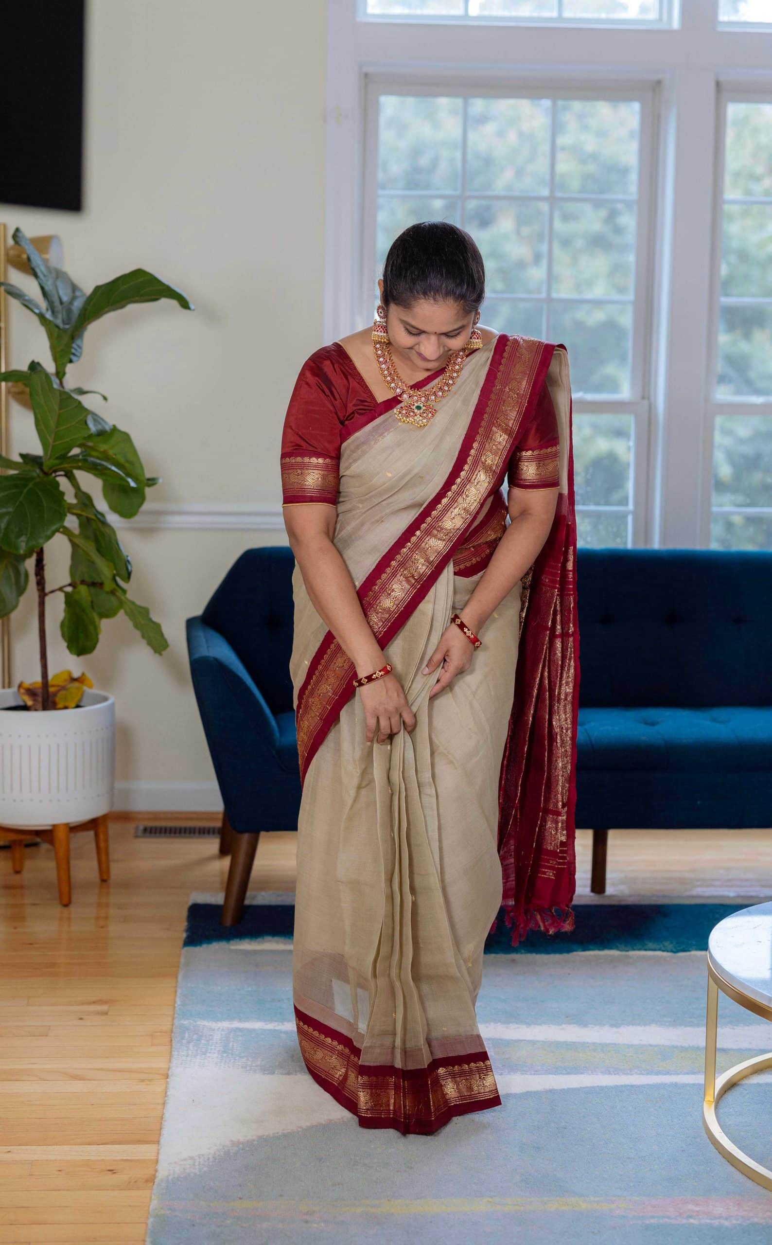 Navratri 2022 Day 6 Outfit- My Grand Mother's Grey Gadwal Saree, 925 Silver Mango mala necklace by top US Indian blogger dreaming loud