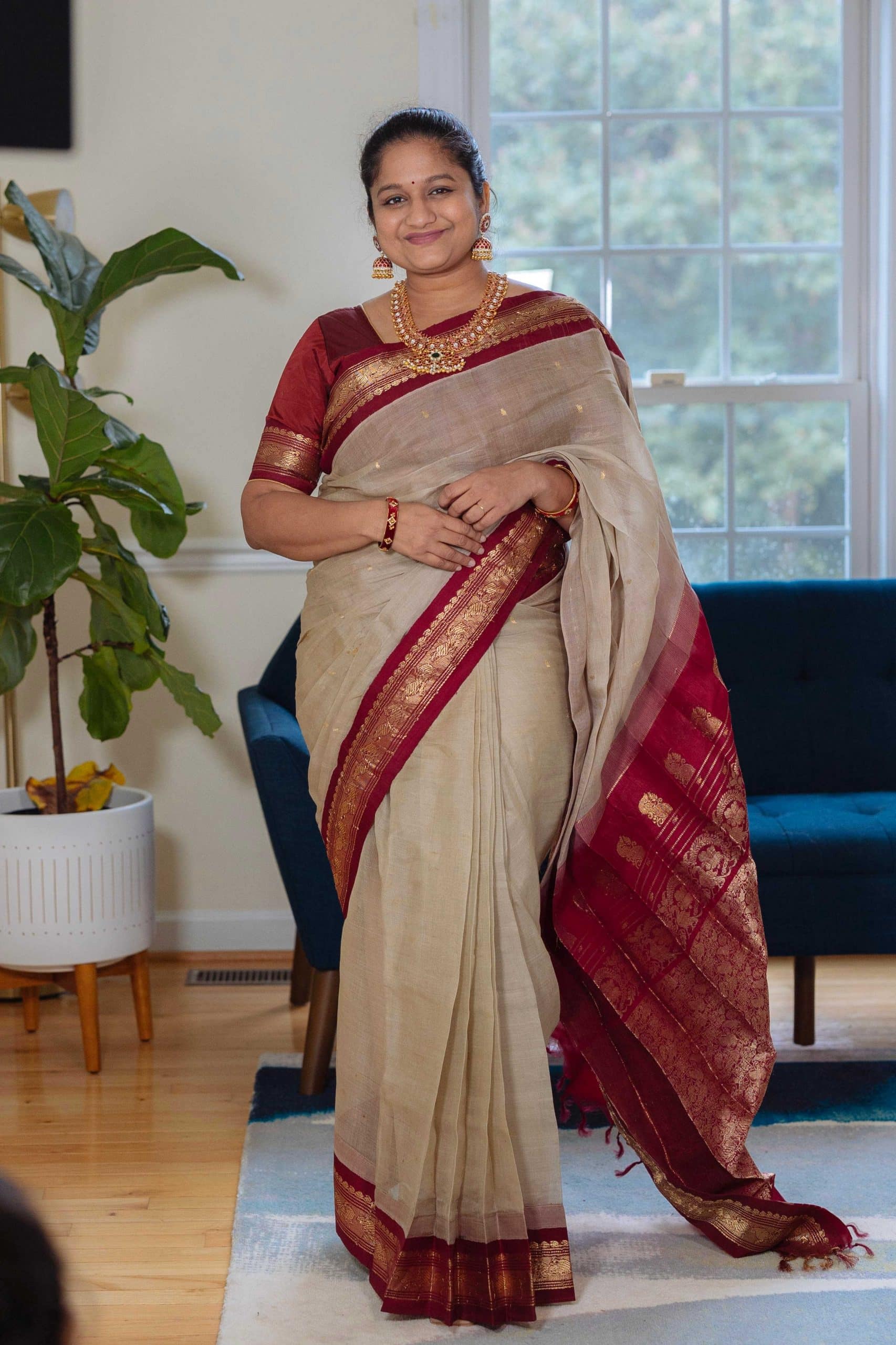 Navratri 2022 Day 6 Outfit- My Grand Mother's Grey Gadwal Saree, 925 Silver Mango mala necklace by top US Indian blogger dreaming loud