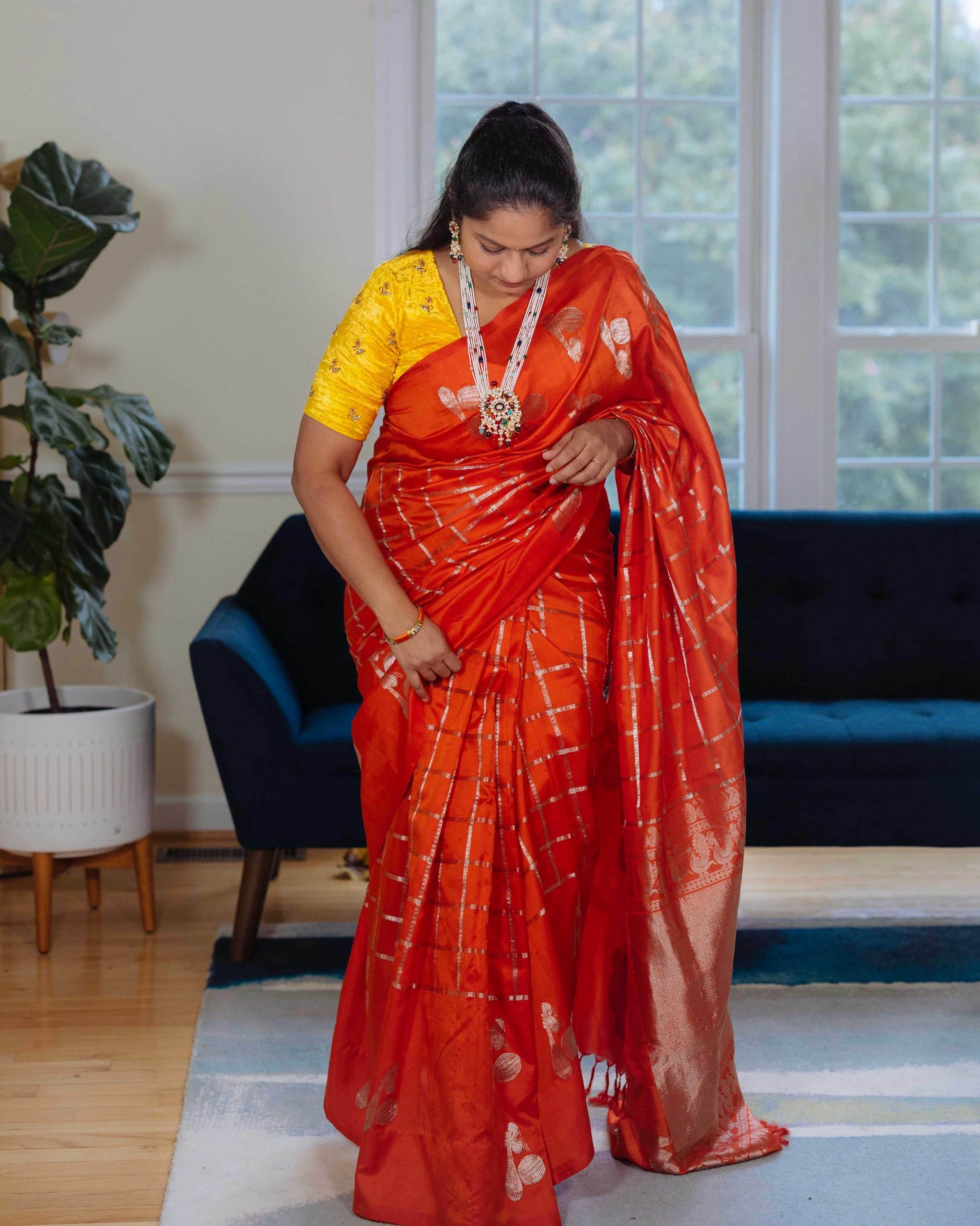 Navratri 2022 Day 7 Outfit- Orange Checks Saree, Navratna Pearl Necklace by top US Indian Blogger Dreaming loud