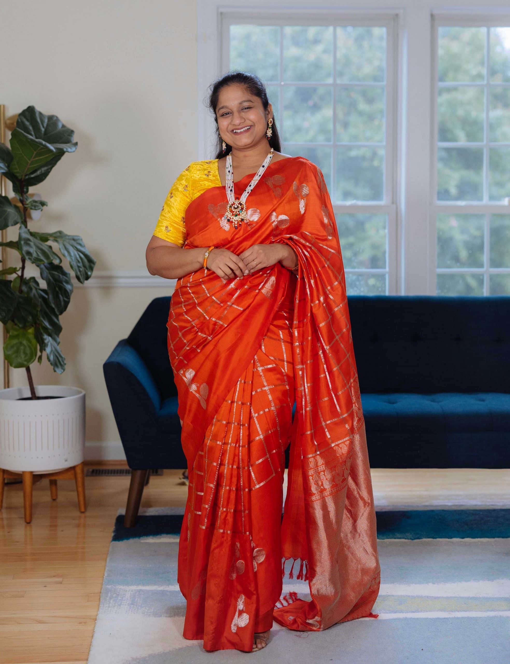 Navratri 2022 Day 7 Outfit- Orange Checks Saree, Navratna Pearl Necklace by top US Indian Blogger Dreaming loud