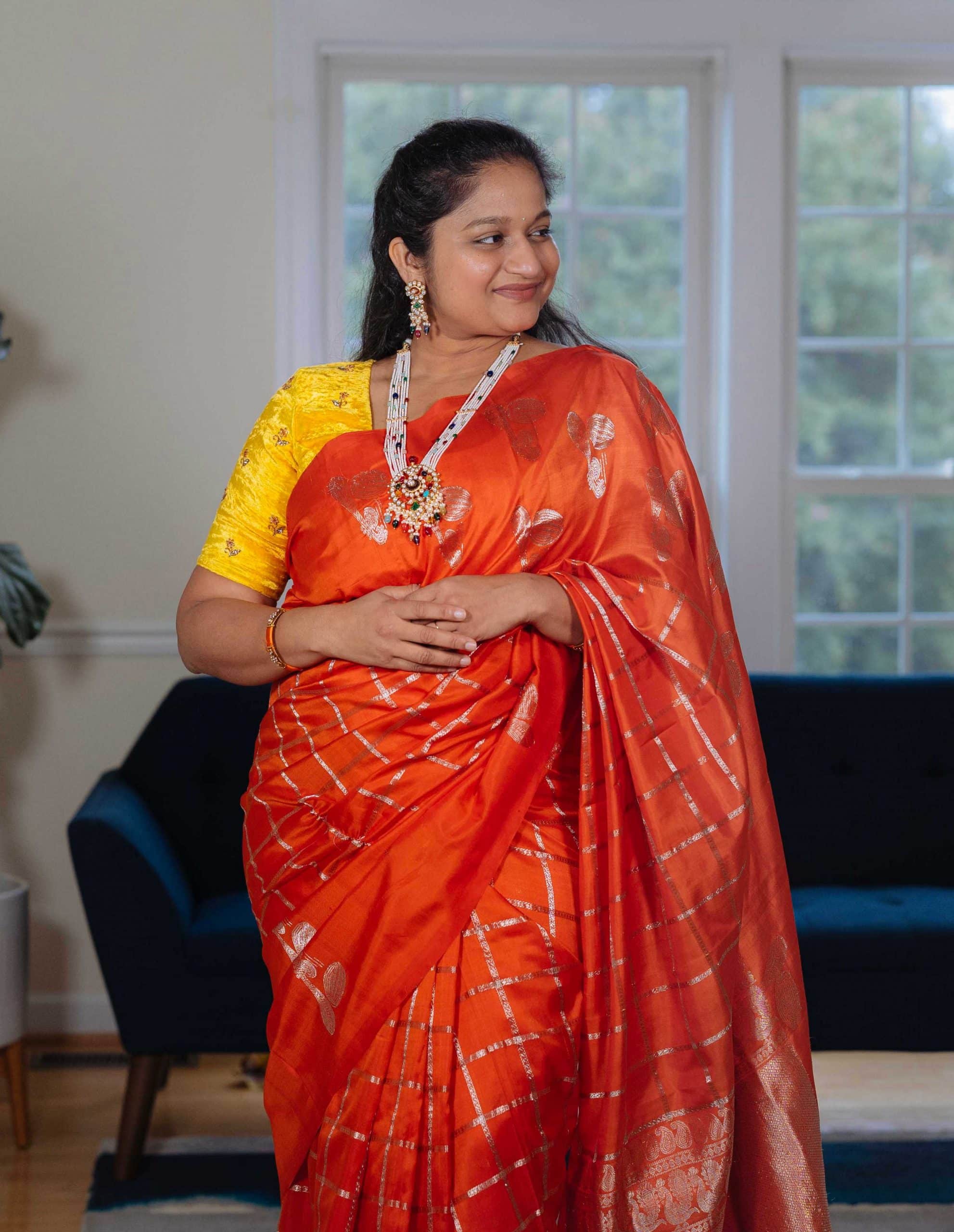 Navratri 2022 Day 7 Outfit- Orange Checks Saree, Navratna Pearl Necklace by top US Indian Blogger Dreaming loud