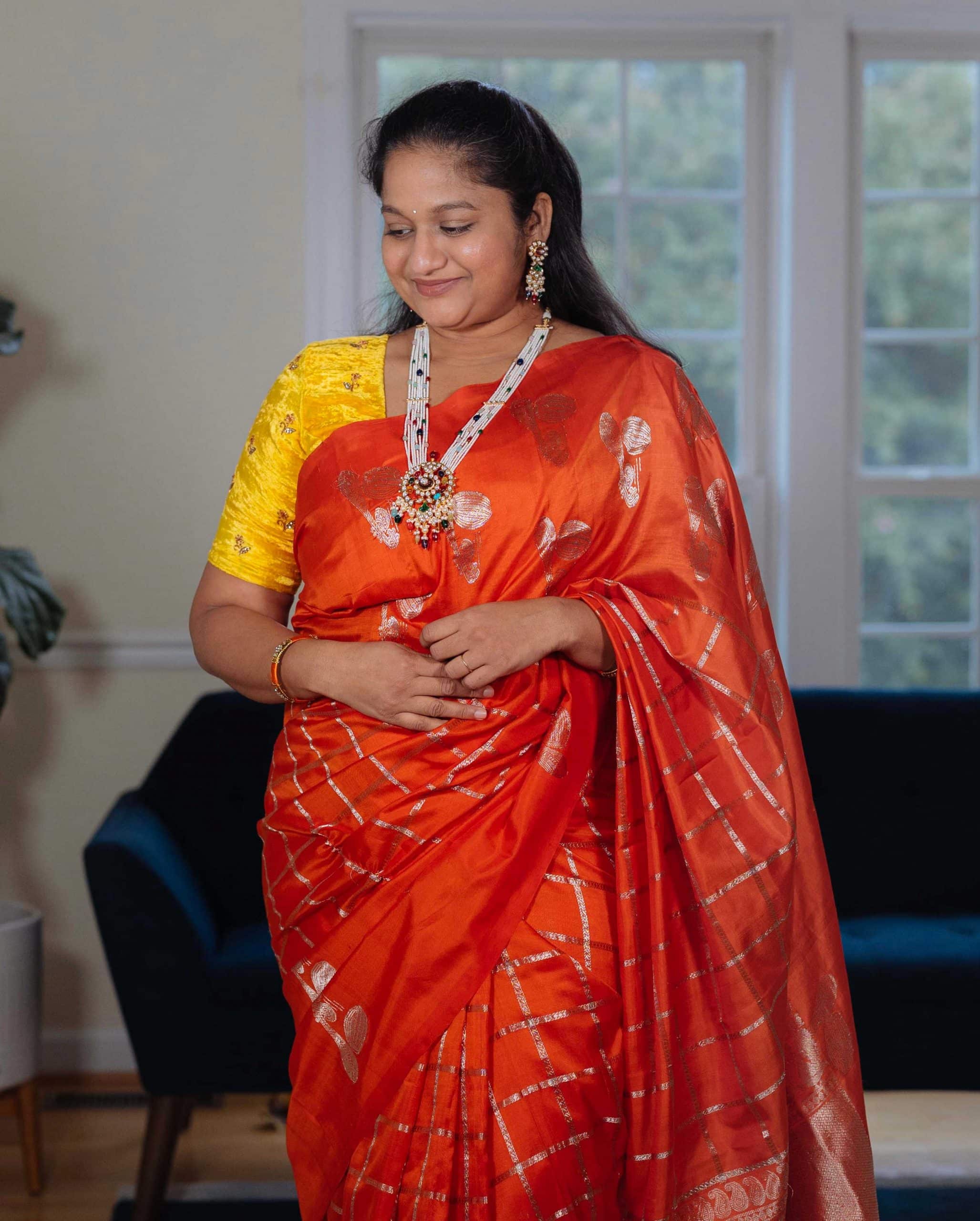 Navratri 2022 Day 7 Outfit- Orange Checks Saree, Navratna Pearl Necklace by top US Indian Blogger Dreaming loud