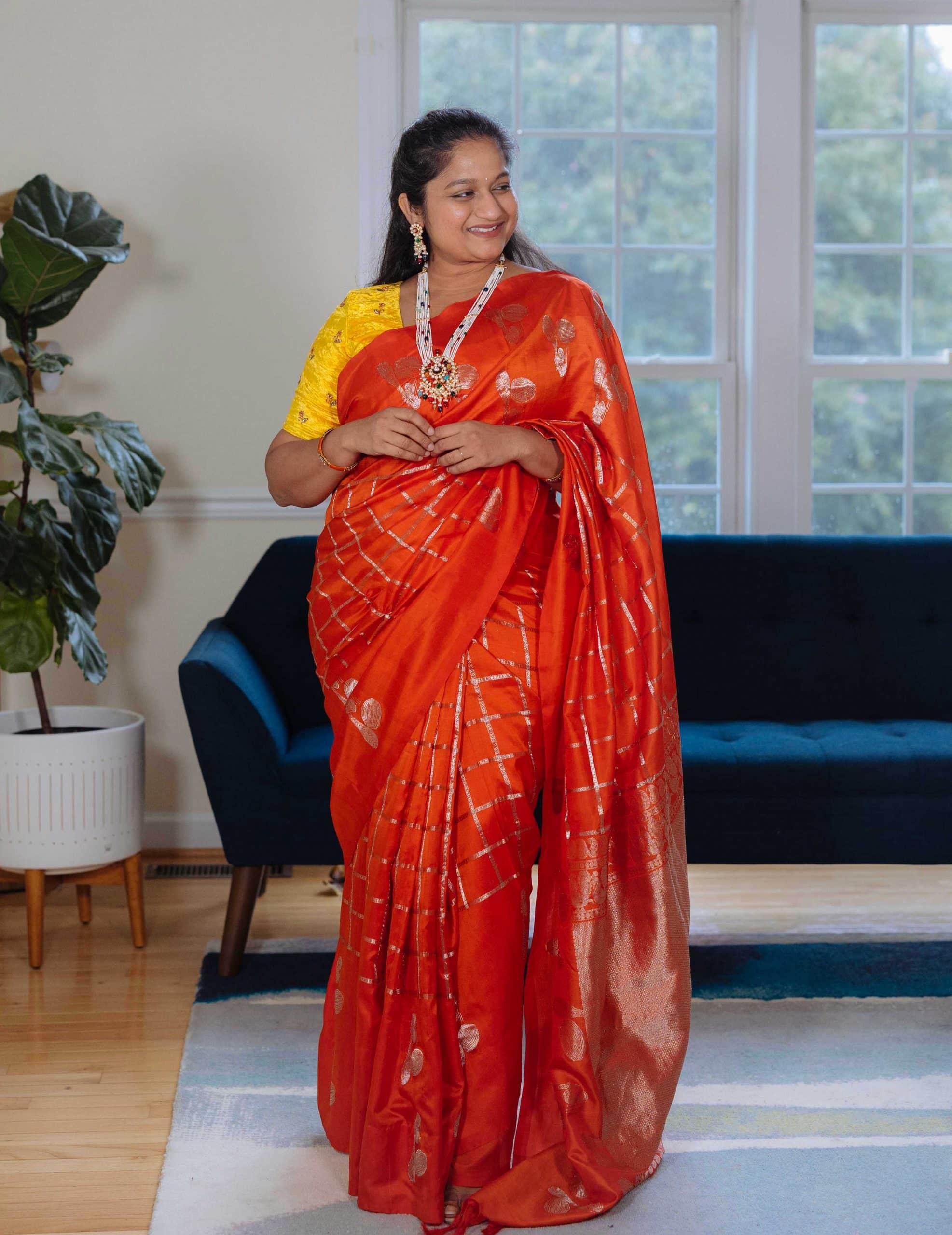 Navratri 2022 Day 7 Outfit- Orange Checks Saree, Navratna Pearl Necklace by top US Indian Blogger Dreaming loud