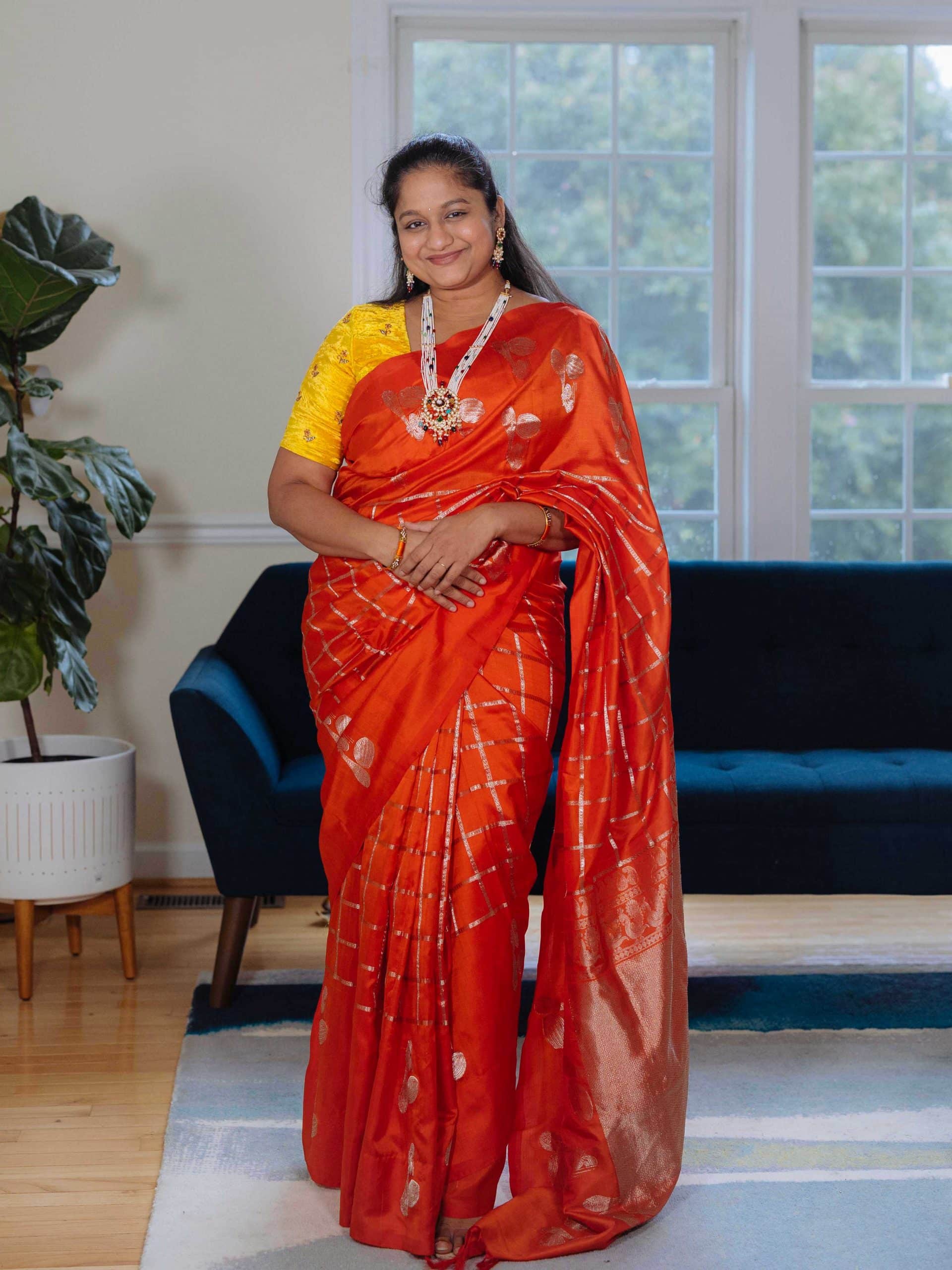 Navratri 2022 Day 7 Outfit- Orange Checks Saree, Navratna Pearl Necklace by top US Indian Blogger Dreaming loud