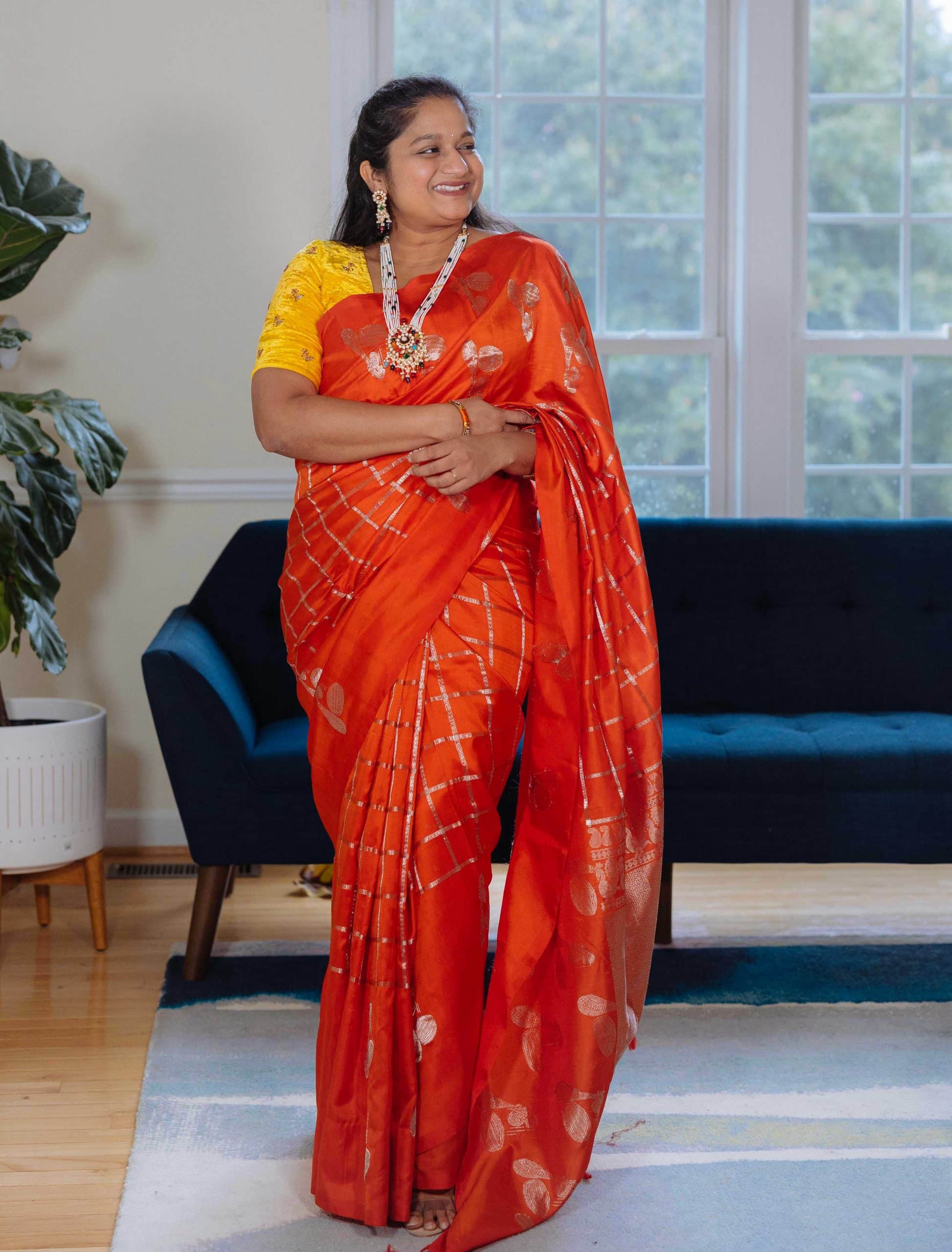 Navratri 2022 Day 7 Outfit- Orange Checks Saree, Navratna Pearl Necklace by top US Indian Blogger Dreaming loud