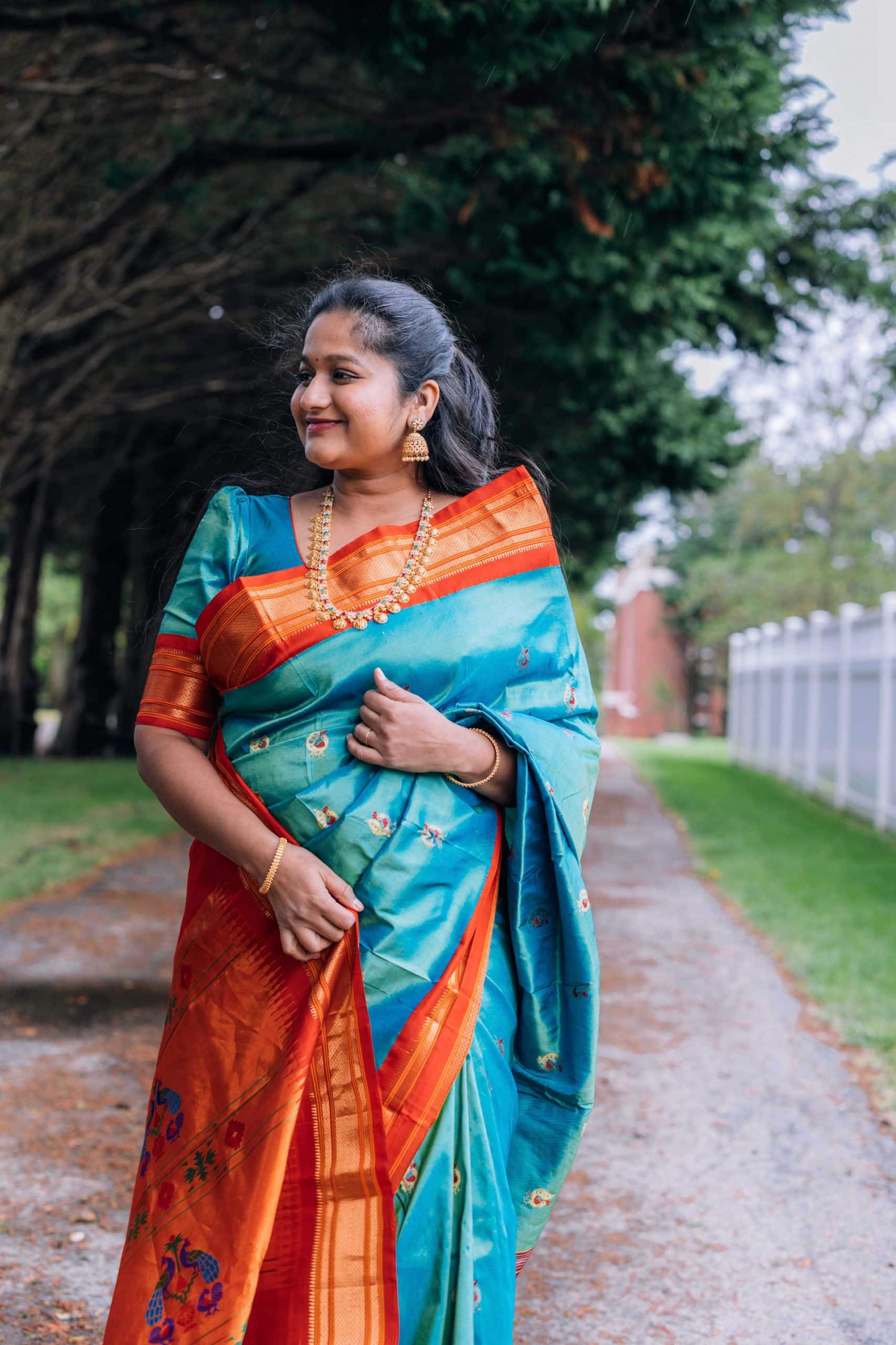 Navratri 2022 Day 8 Outfit- Peacock Green Paithani Saree with Meenakari buttis, Ram parivar Kasulaperu Necklace