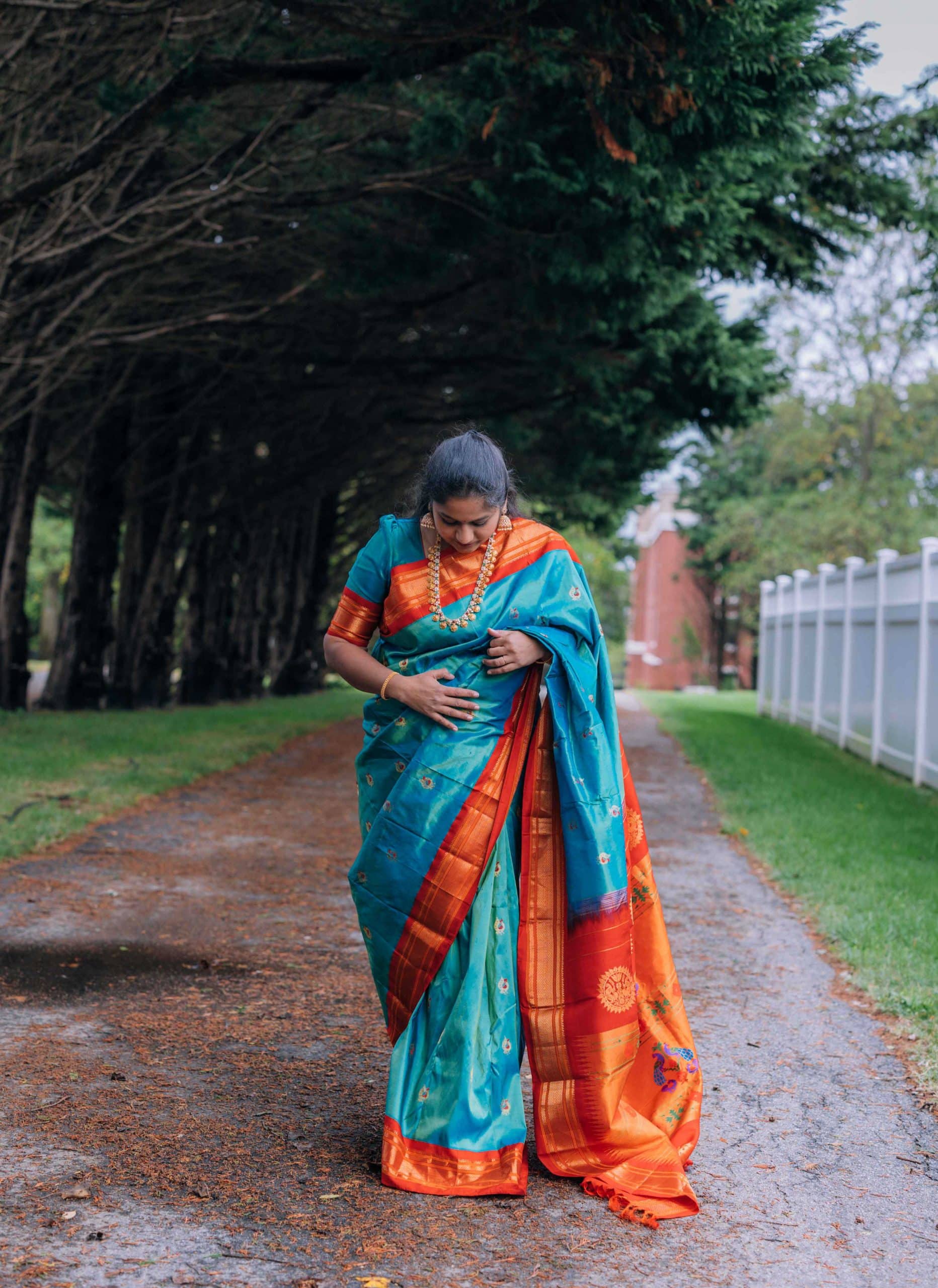 Navratri 2022 Day 8 Outfit- Peacock Green Paithani Saree with Meenakari buttis, Ram parivar Kasulaperu Necklace by top US indian blogger Dreaming Loud