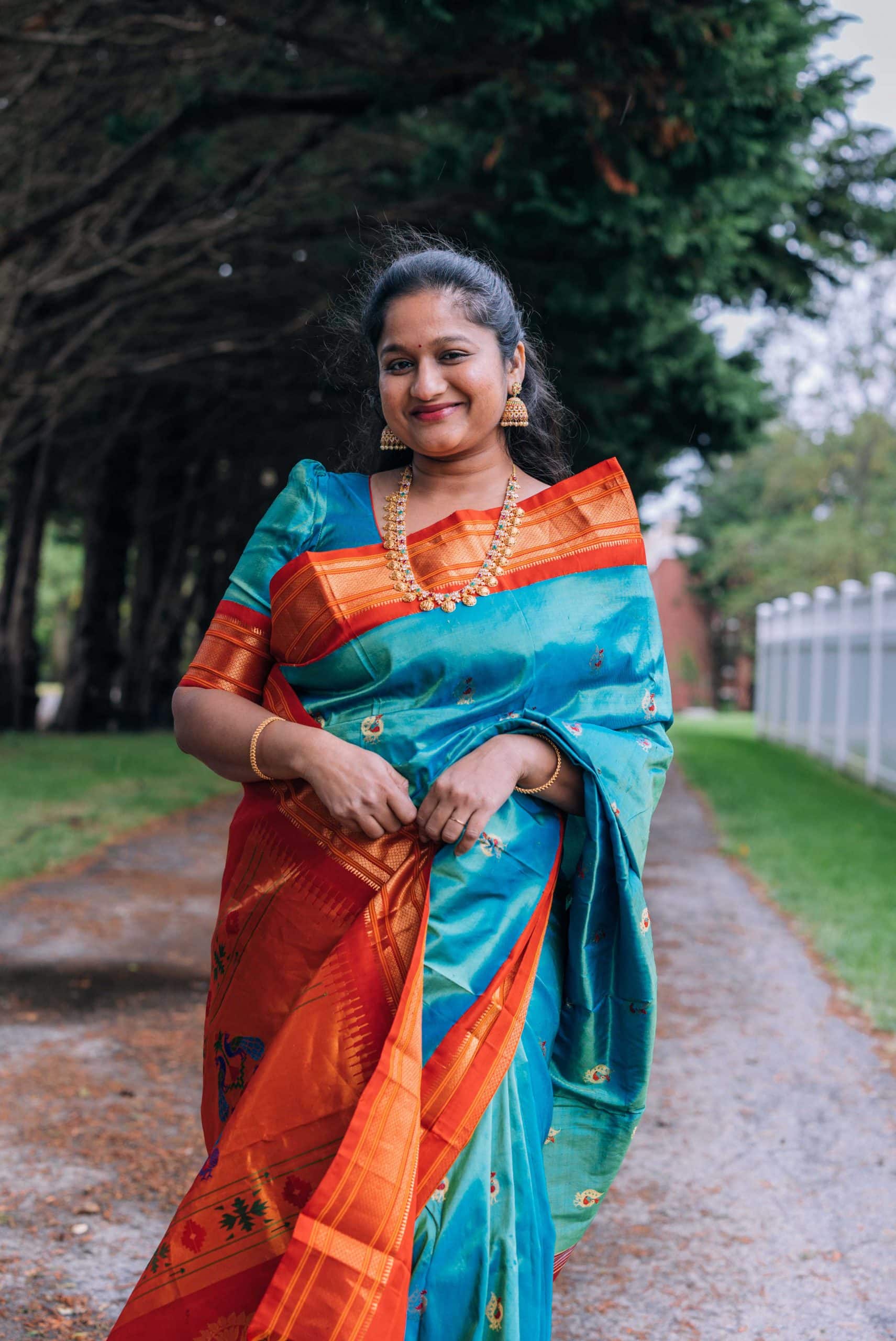 Navratri 2022 Day 8 Outfit- Peacock Green Paithani Saree with Meenakari buttis, Ram parivar Kasulaperu Necklace by top US indian blogger Dreaming Loud