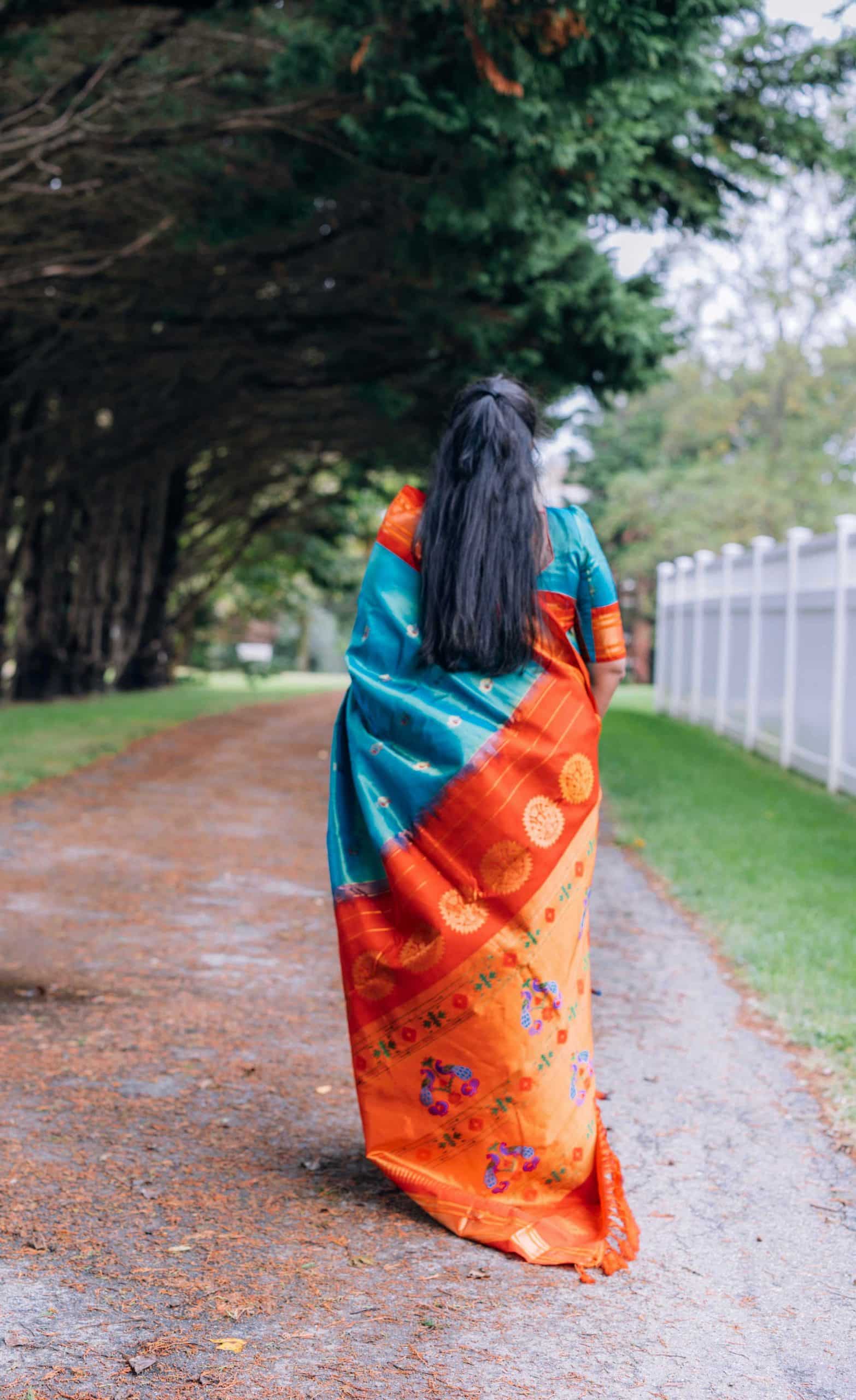 Navratri 2022 Day 8 Outfit- Peacock Green Paithani Saree with Meenakari buttis, Ram parivar Kasulaperu Necklace by US Indian Blogger Dreaming Loud