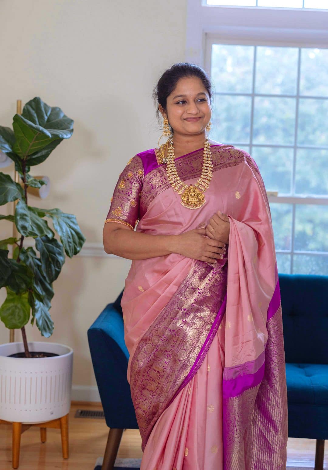 Navratri 2022 Day 9 Outfit- Pink Kanjeevaram Saree - Dreaming Loud