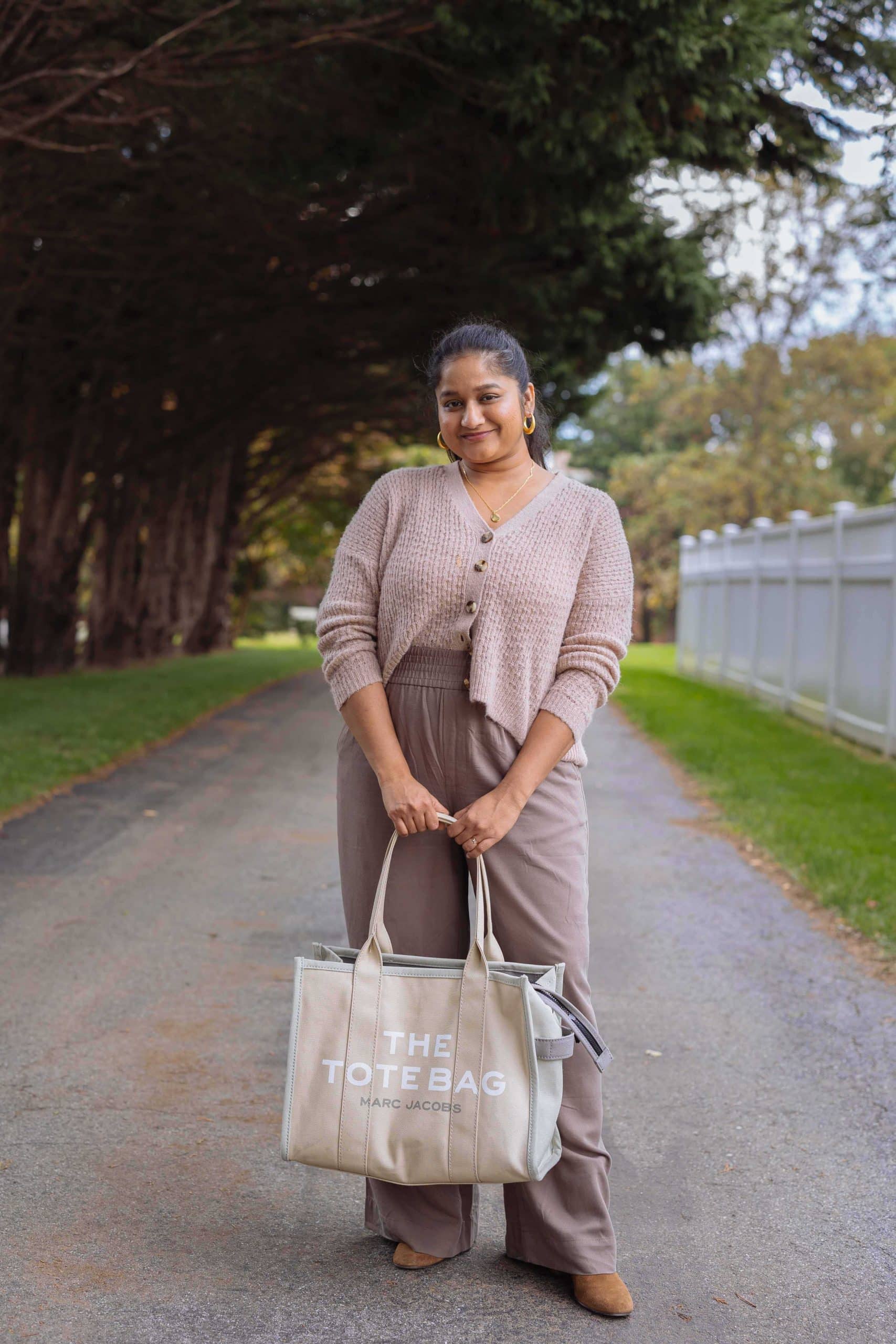 Wearing Fall 2022 Trend-wide leg pantss- Madewell Drapeweave Carley Wide-Leg Pants, Mayfair Sweater Cardigan,J.crew Stevie ankle boots in suede, Marc Jacobs Traveler Canvas Tote