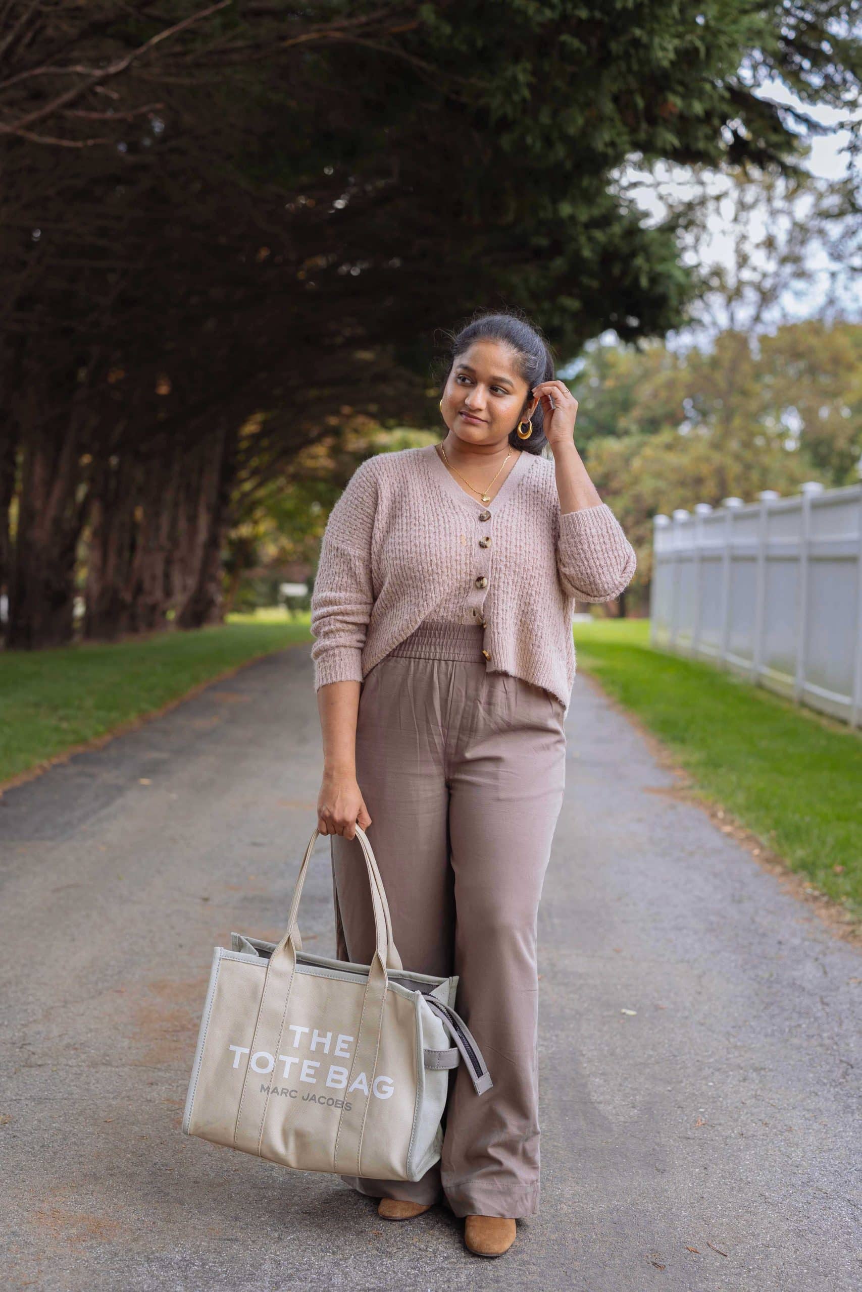 Wearing Fall 2022 Trend-wide leg pantss- Madewell Drapeweave Carley Wide-Leg Pants, Mayfair Sweater Cardigan,J.crew Stevie ankle boots in suede, Marc Jacobs Traveler Canvas Tote