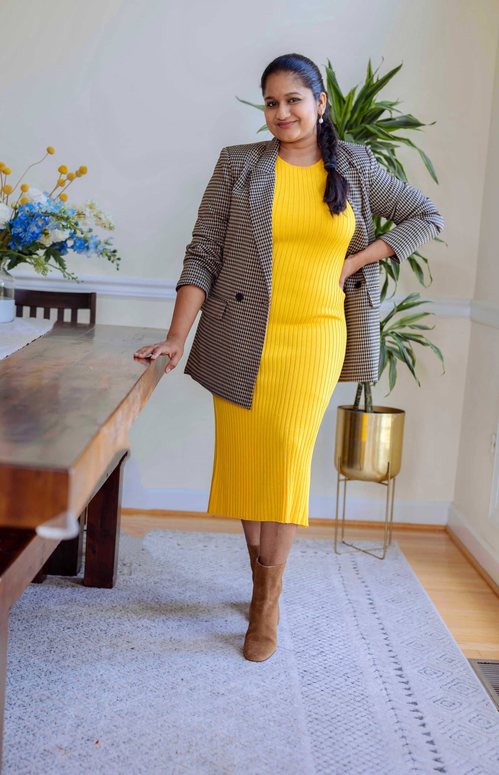 Wearing Mm lafleur yellow sweater dress, plaid blazer, J.crew suede tan booties by top US modest Fashion Blogger Dreaming Loud