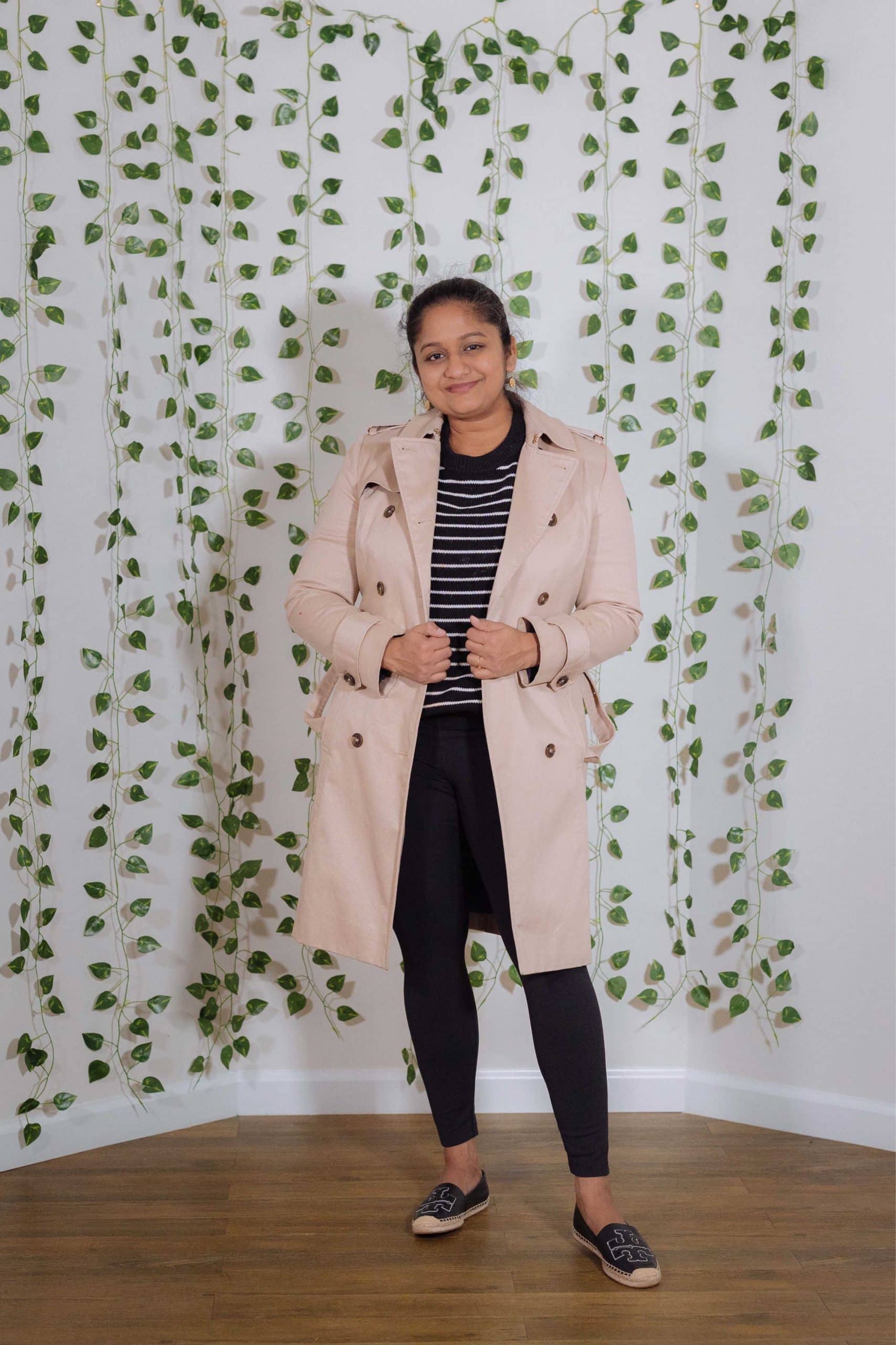 5 Practical Trench Coat Outfit Ideas- Wearing Brooks brothers trench coat, Mango oversized striped sweater, 90 Degree By Reflex Womens Power Flex Yoga Pants, Tory Burch Espadrilles by top US Workwear fashion blogger Dreaming Loud