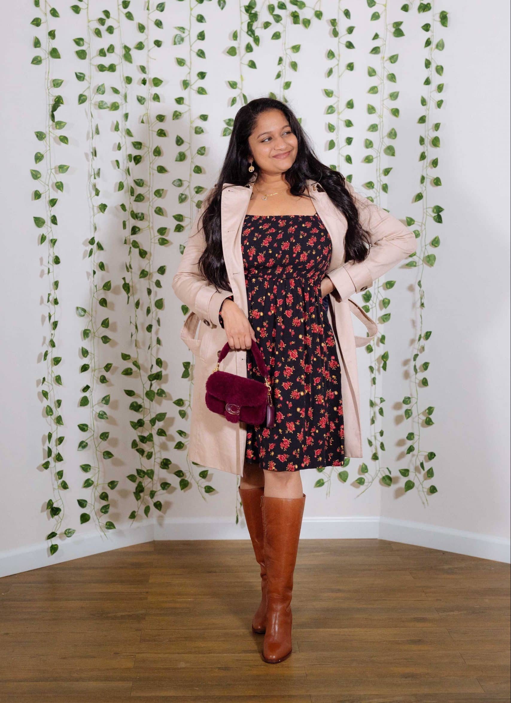 5 Practical Trench Coat Outfit Ideas- Wearing Brooks brothers trench coat, Old navy floral dress, Coach Pillow ADD TO FAVORITES Pillow Tabby Shoulder Bag,Madewell The Selina Tall Boot by top US Mid size fashion blogger Dreaming Loud