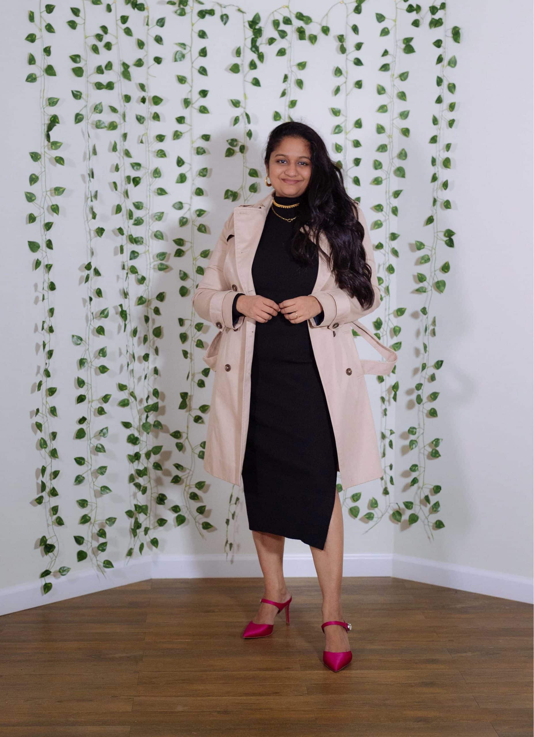 5 Practical Trench Coat Outfit Ideas- Wearing Brooks brothers trench coat, Pink Lily Mock Neck Ribbed Midi Dress, Pink heels, Madewell Chunky Herringbone Chain Necklace by top US Mid size fashion blogger Dreaming Loud