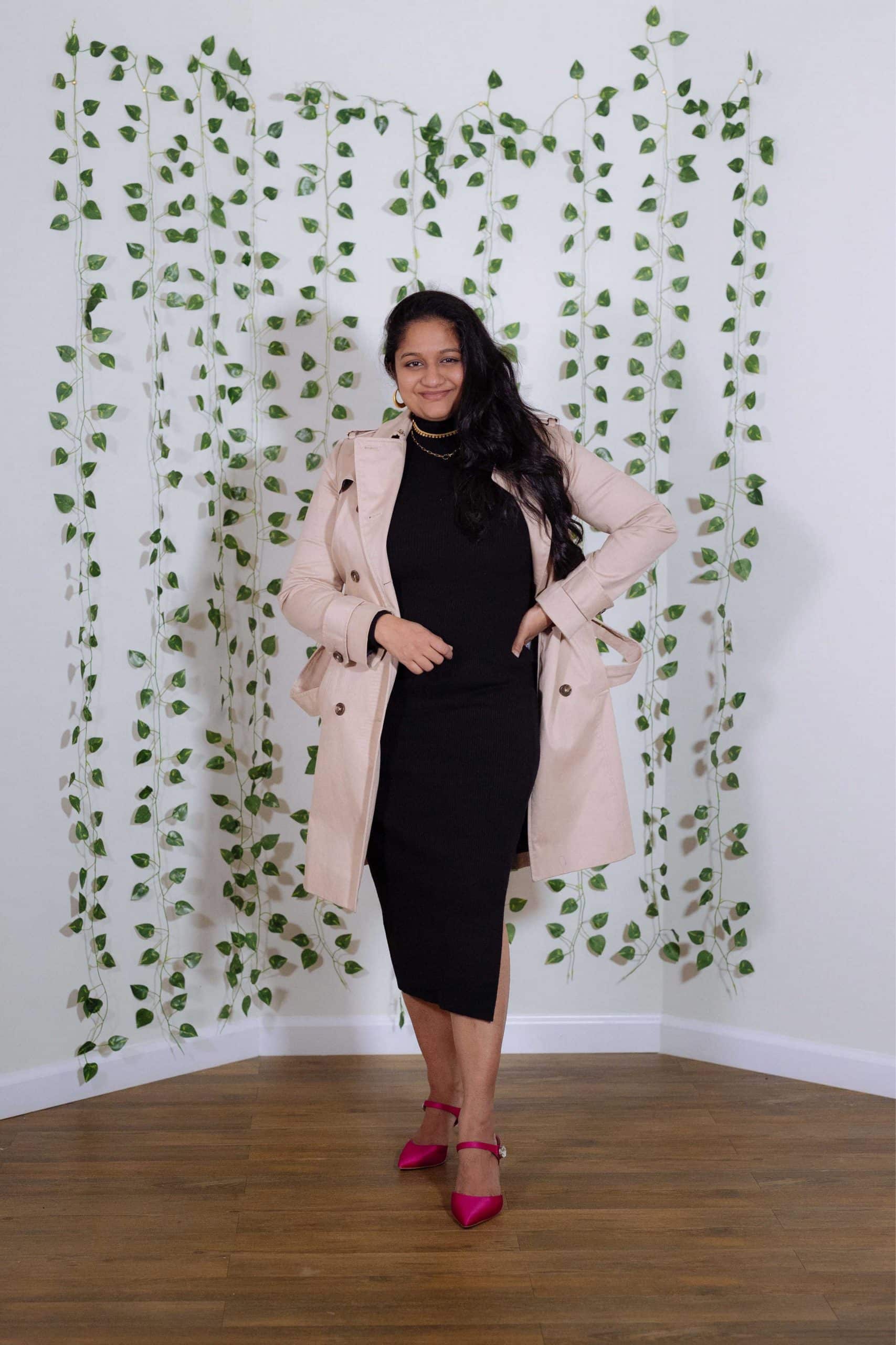 5 Practical Trench Coat Outfit Ideas- Wearing Brooks brothers trench coat, Pink Lily Mock Neck Ribbed Midi Dress, Pink heels, Madewell Chunky Herringbone Chain Necklace by top US Mid size fashion blogger Dreaming Loud