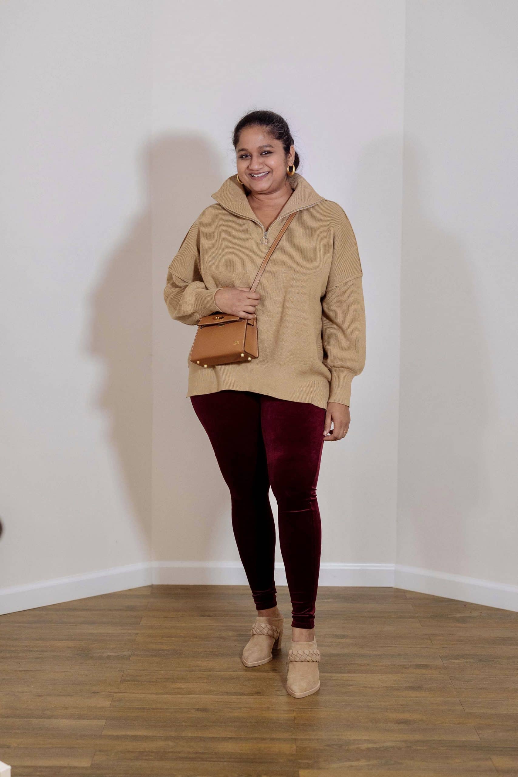 How to Style Velvet Legging-Casual to Indo-Western Outfit -Wearing Spanx Velvet Sweater, Amazon Fashion Oversized sweater, Dolce Vita Serla Mules. Lily & Bean Hettie Mini Bag in Tan by Top US indian blogger dreaming loud