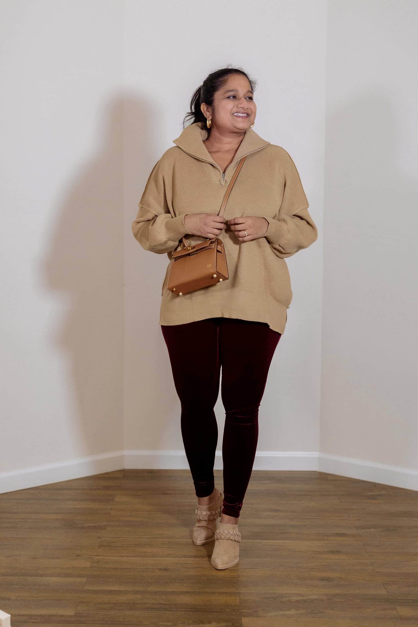 How to Style Velvet Legging-Casual to Indo-Western Outfit -Wearing Spanx Velvet Sweater, Amazon Fashion Oversized sweater, Dolce Vita Serla Mules. Lily & Bean Hettie Mini Bag in Tan by Top US mid size fashion blogger dreaming loud