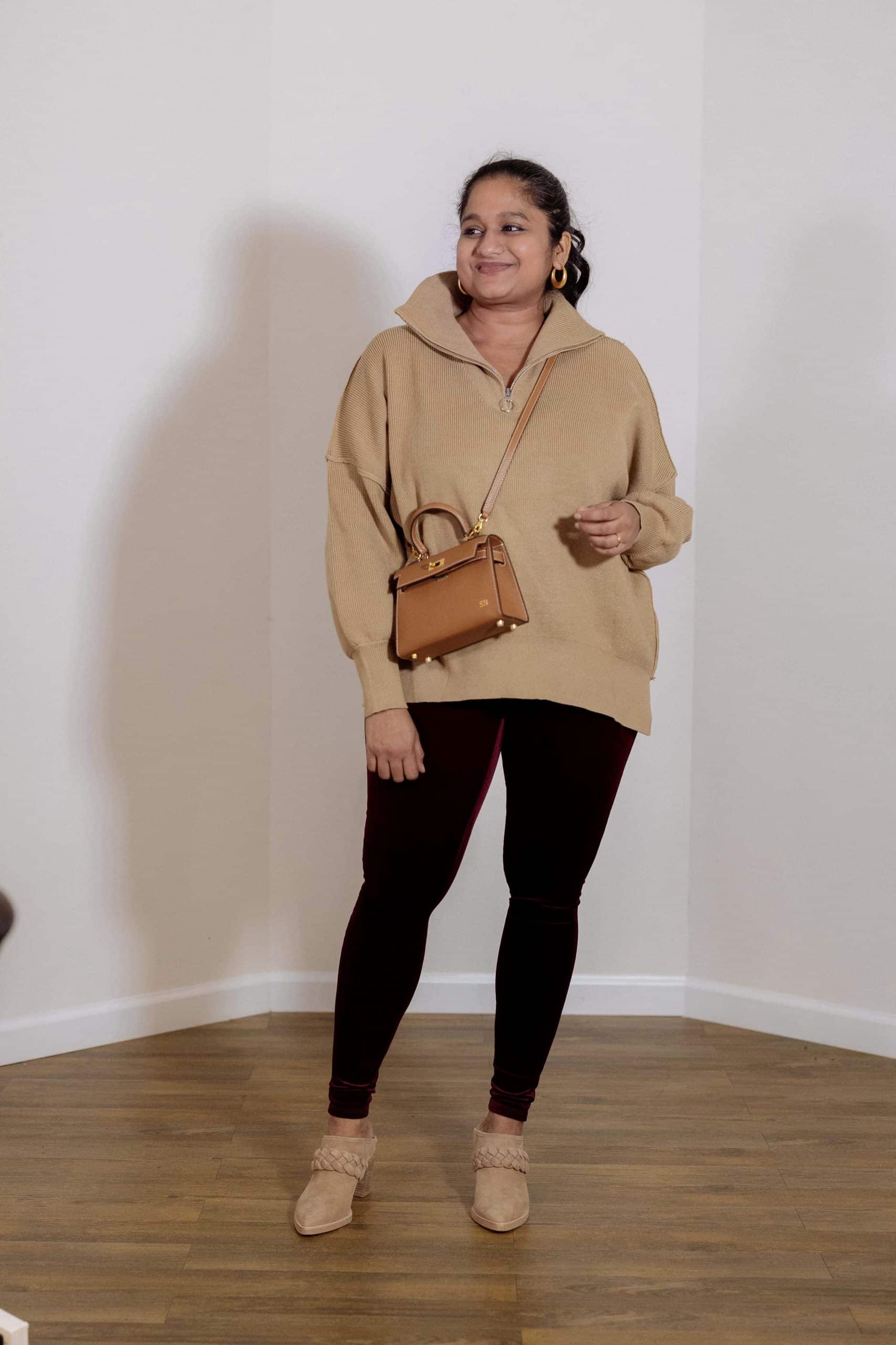 How to Style Velvet Legging-Casual to Indo-Western Outfit -Wearing Spanx Velvet Sweater, Amazon Fashion Oversized sweater, Dolce Vita Serla Mules. Lily & Bean Hettie Mini Bag in Tan by Top US mid size fashion blogger dreaming loud