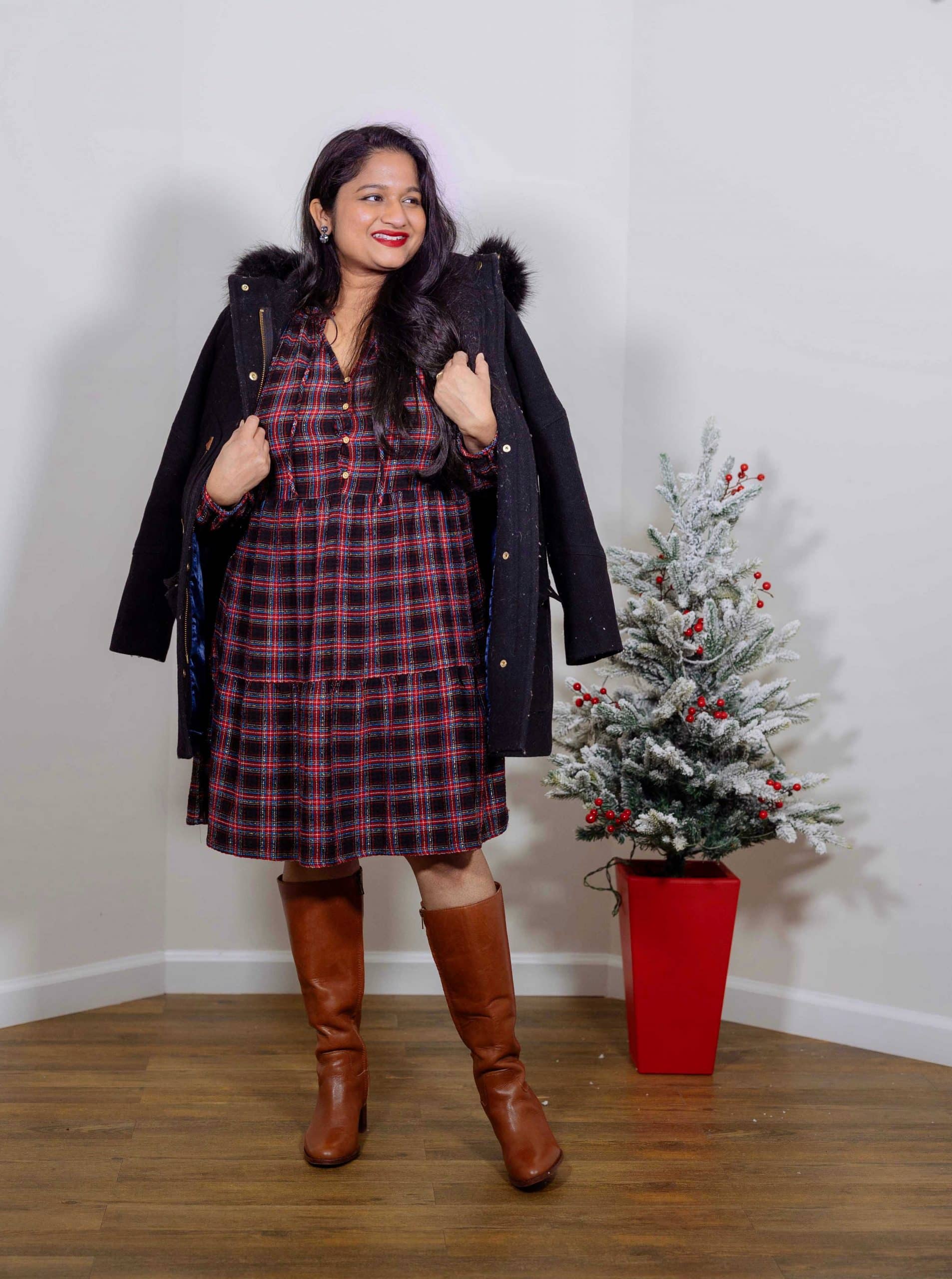 Best Holiday Party Dresses- Wearing Loft Shimmer Plaid Tiered Dress, J.Crew Chateau Parka in Black, Madewell The Selina Tall Leather Boots by top US fashion blogger dreaming loud