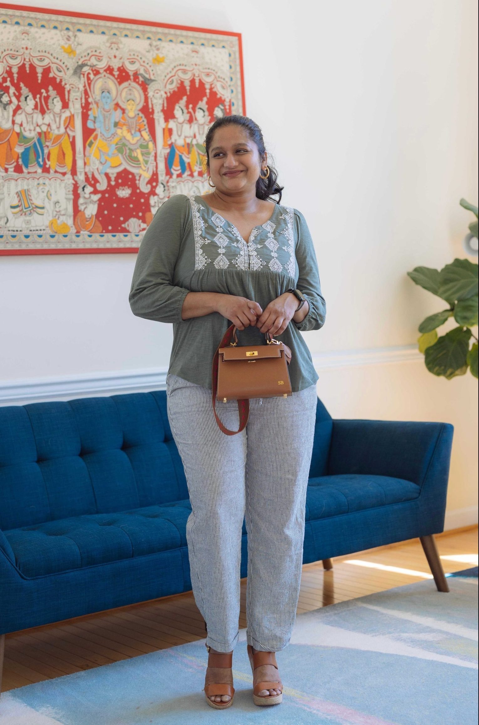 10 Spring Mid-Size Outfit Ideas- Wearing Lucky Brand Embroidered Peasant Top, Jcrew Factory Striped linen-cotton drawstring pant,Lily & Bean Hettie Mini Bag by top US mis size fashion blogger dreaming loud