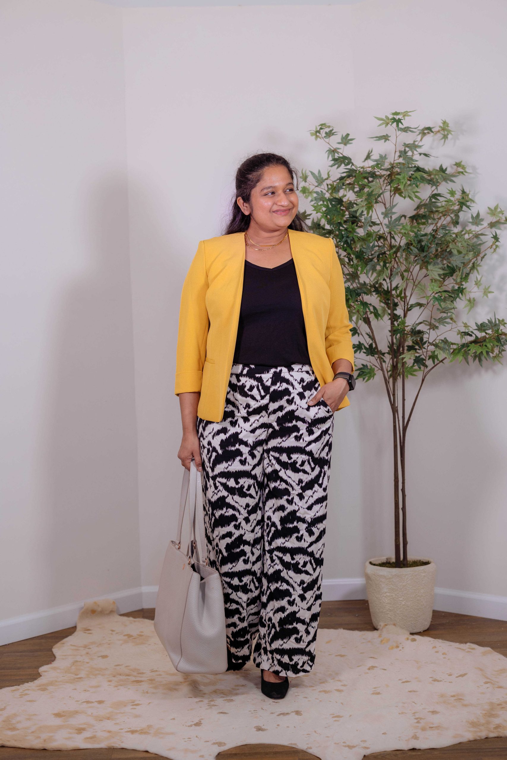 10 Spring Mid-Size Outfit Ideas- Wearing Old Navy Playa Soft-Spun Wide-Leg Pants, Belk Casper Open Front yellow blazer, Dagne Dover Allyn laptop tote by top US mid size fashion blogger dreaming loud