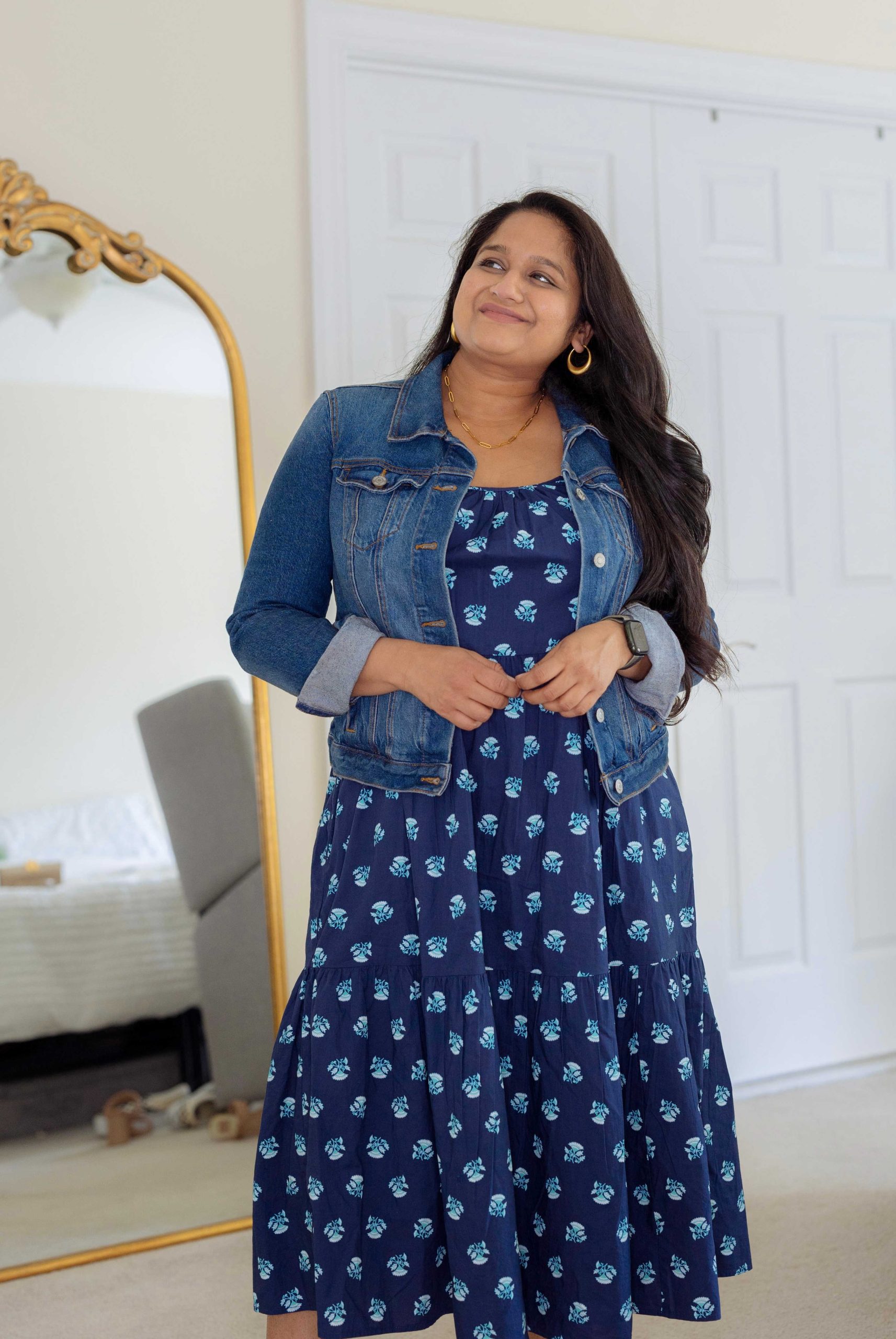 10 Spring Mid-Size Outfit Ideas- Wearing Target Universal Thread Tiered Dress, LOFT Denim jacket, target Straw Sandals by top Mid size fashion blogger dreaming loud