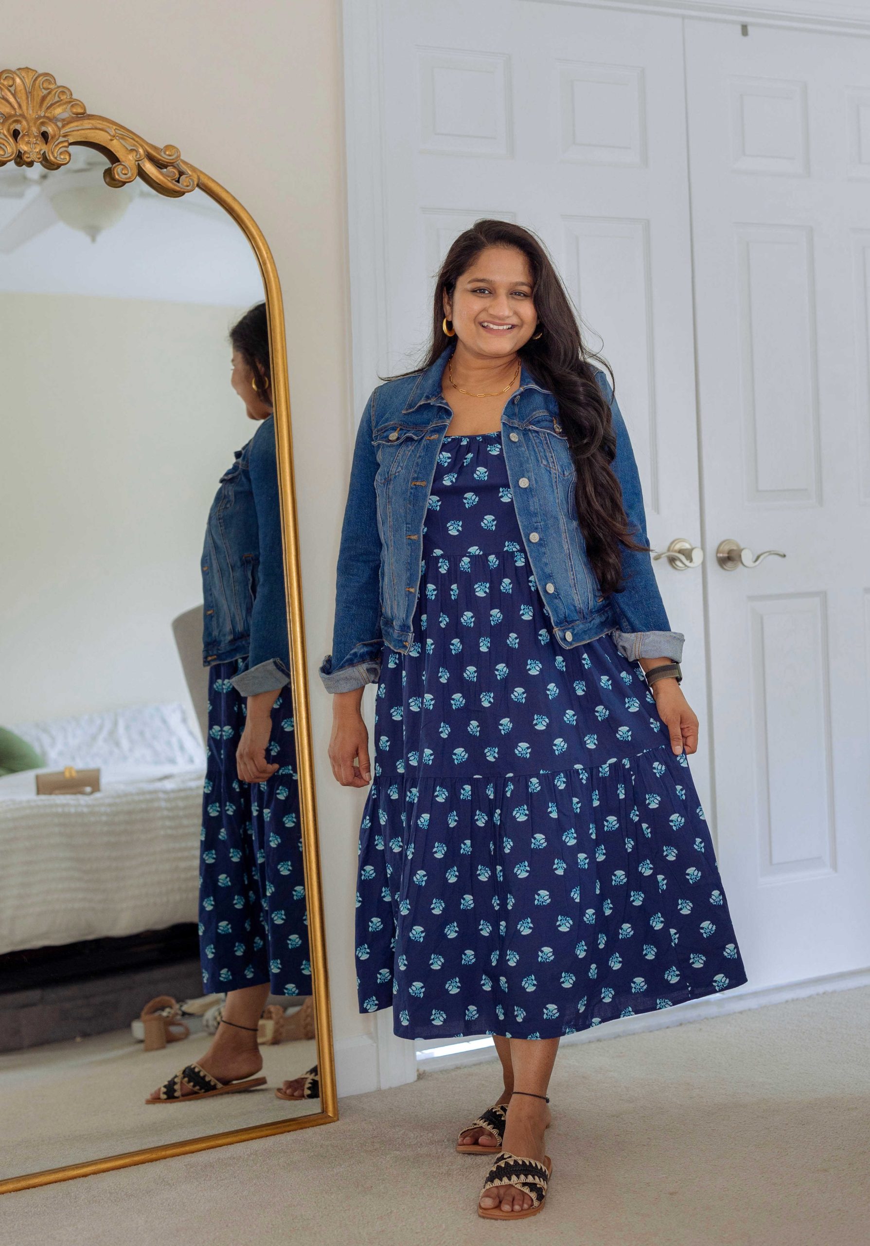 10 Spring Mid-Size Outfit Ideas- Wearing Target Universal Thread Tiered Dress, LOFT Denim jacket, target Straw Sandals by top Mid size fashion blogger dreaming loud