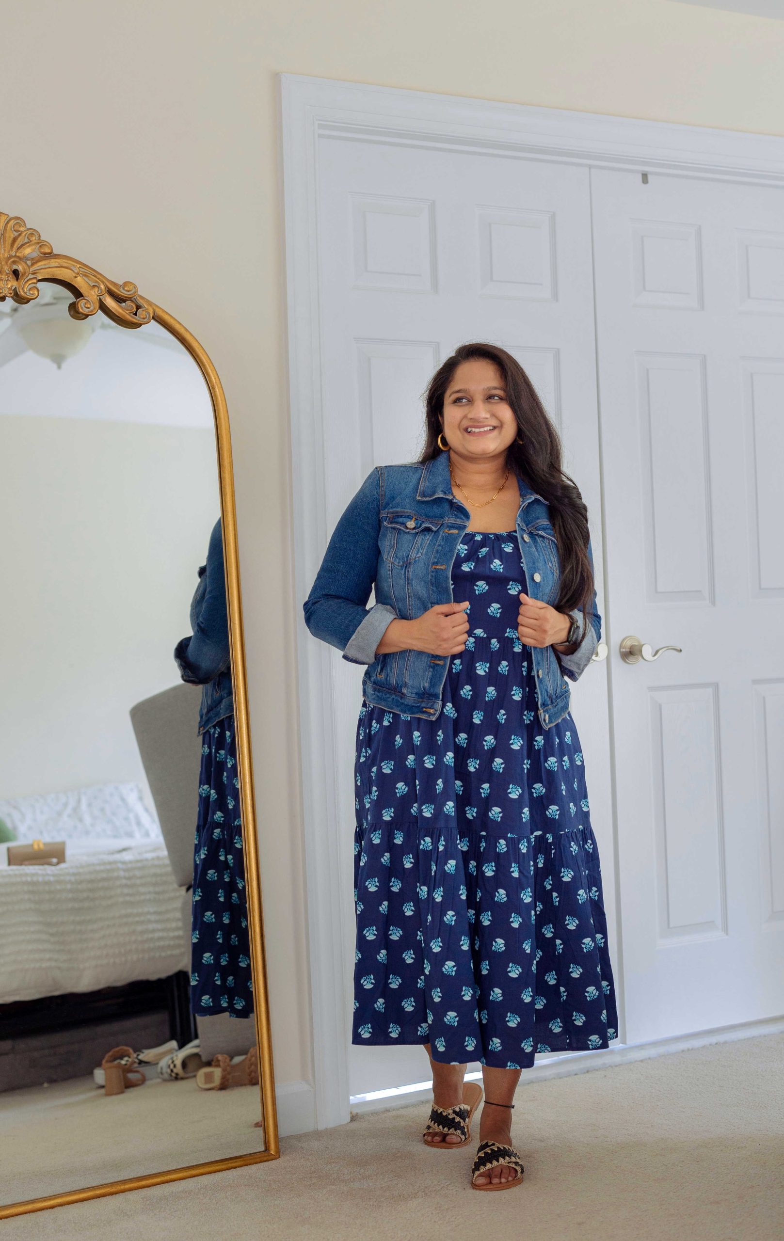 10 Spring Mid-Size Outfit Ideas- Wearing Target Universal Thread Tiered Dress, LOFT Denim jacket, target Straw Sandals by top Mid size fashion blogger dreaming loud