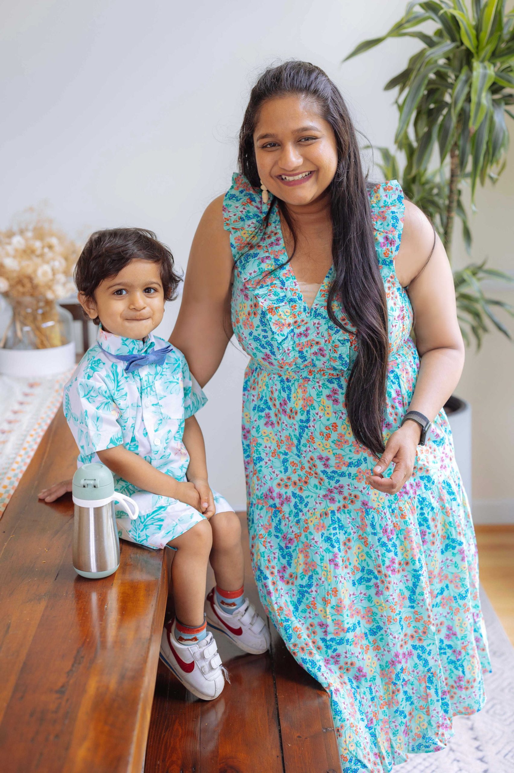 Mommy and Me Matching Outfit Ideas for Mother's Day- Wearing J.crew Factory Printed V-neck smocked midi dress,Tommy Hilfiger toddler boys 3-piece Dress Up Cabana Set by top US Mom Blog Dreaming Loud