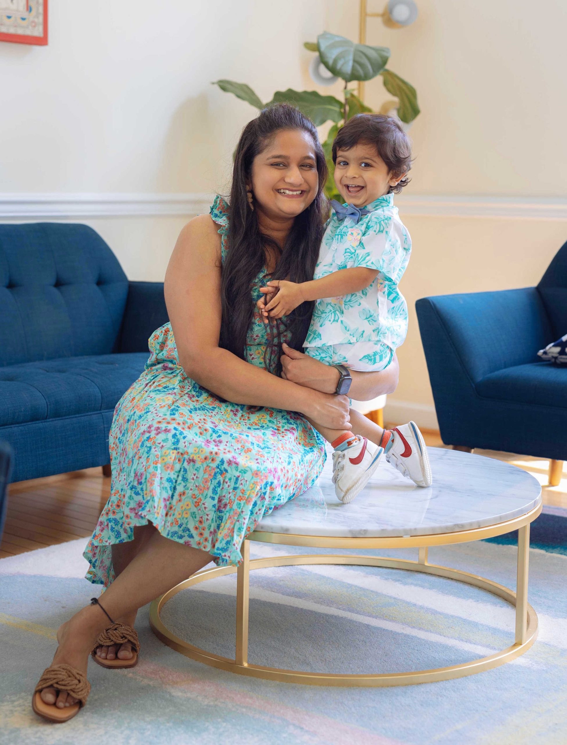 Mommy and Me Matching Outfit Ideas for Mother's Day- Wearing J.crew Factory Printed V-neck smocked midi dress,Tommy Hilfiger toddler boys 3-piece Dress Up Cabana Set by TOP US Mom Blog Dreaming Loud