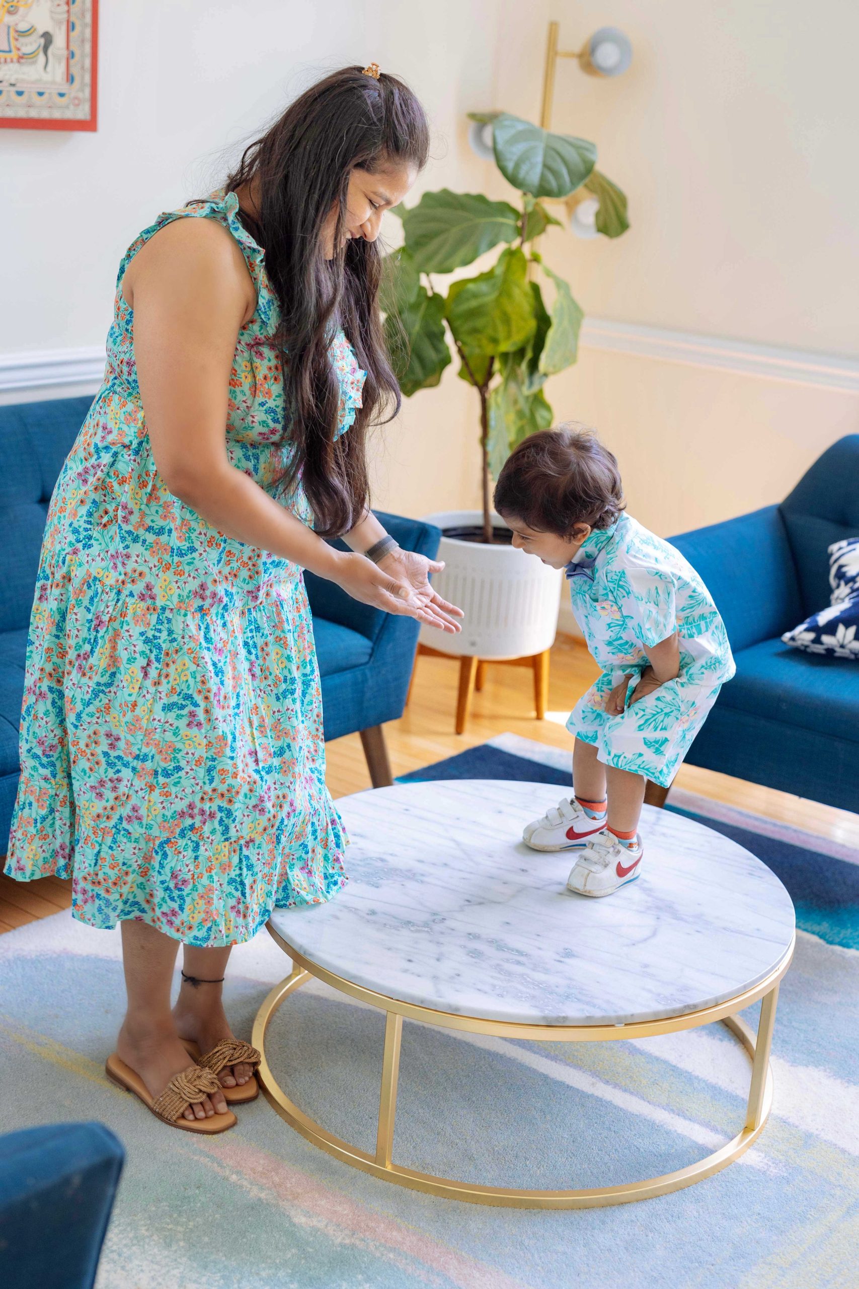 Mommy and Me Matching Outfit Ideas for Mother's Day- Wearing J.crew Factory Printed V-neck smocked midi dress,Tommy Hilfiger toddler boys 3-piece Dress Up Cabana Set by top US Mom Blog Dreaming Loud