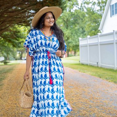 Amazon Kaftan Dress Outfit-wearing Geometric Print Kaftan Dress,Lack of Color Women's Palma Wide Fedora hat, Steve Madden Hoku Slide Sandals by top US modest fashion blogger dreaming Loud