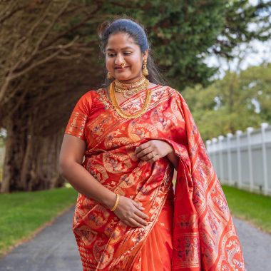 Navratri 2023 Day 2-Orange and Pink Dual Shade Baluchari Swarnachari Saree, 925 Silver Choker, Gold Kasulaperu by Top US Indian Blogger Dreaming Loud