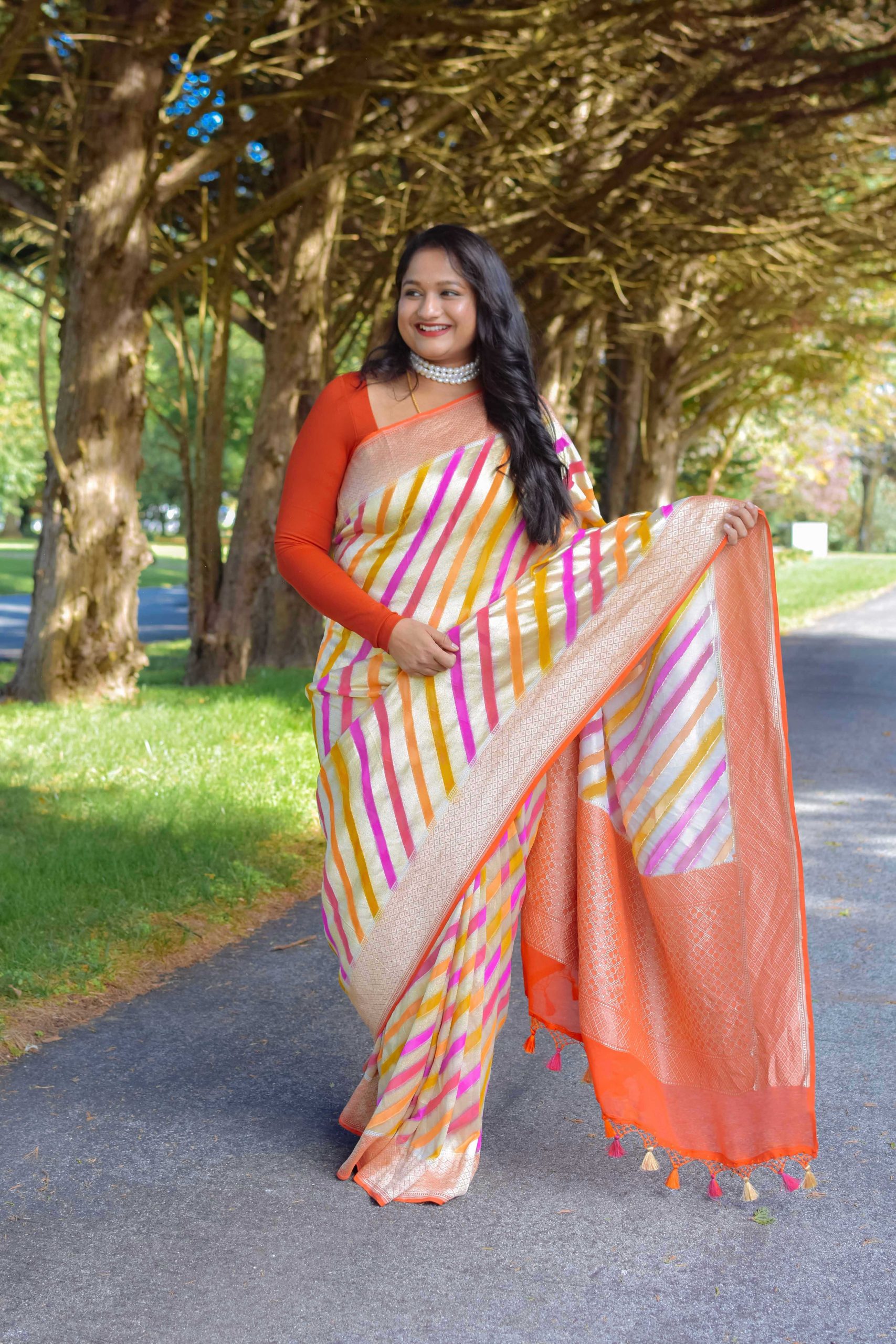 Navratri 2023 Day 3- Banarasi Khaddi Georgette Lehriya Saree - Dreaming Loud