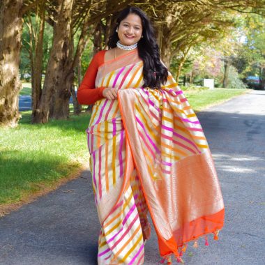 Navratri 2023 Day 3- Banarasi Khaddi Georgette Lehriya Saree,Cult Gaia Nora Pearl Choker by Top US Saree blogger Dreaming Loud