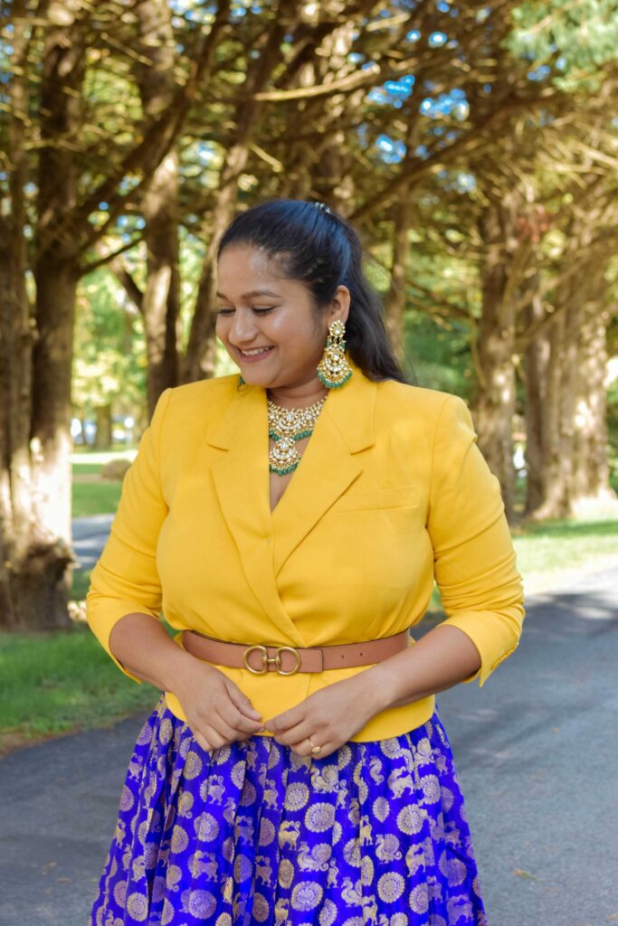 Navratri 2023 Day 4- Banarasi Lehenga With Blazer Outfit by Top US indian saree blogger Dreaming Loud