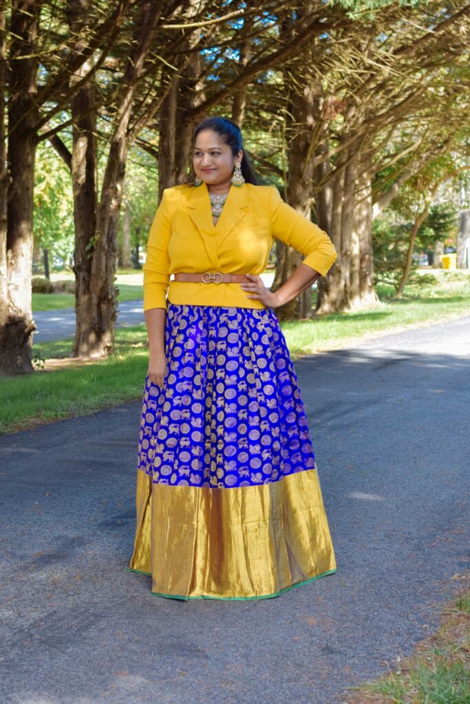 Navratri 2023 Day 4- Banarasi Lehenga With Blazer Outfit by Top US saree blogger Dreaming Loud