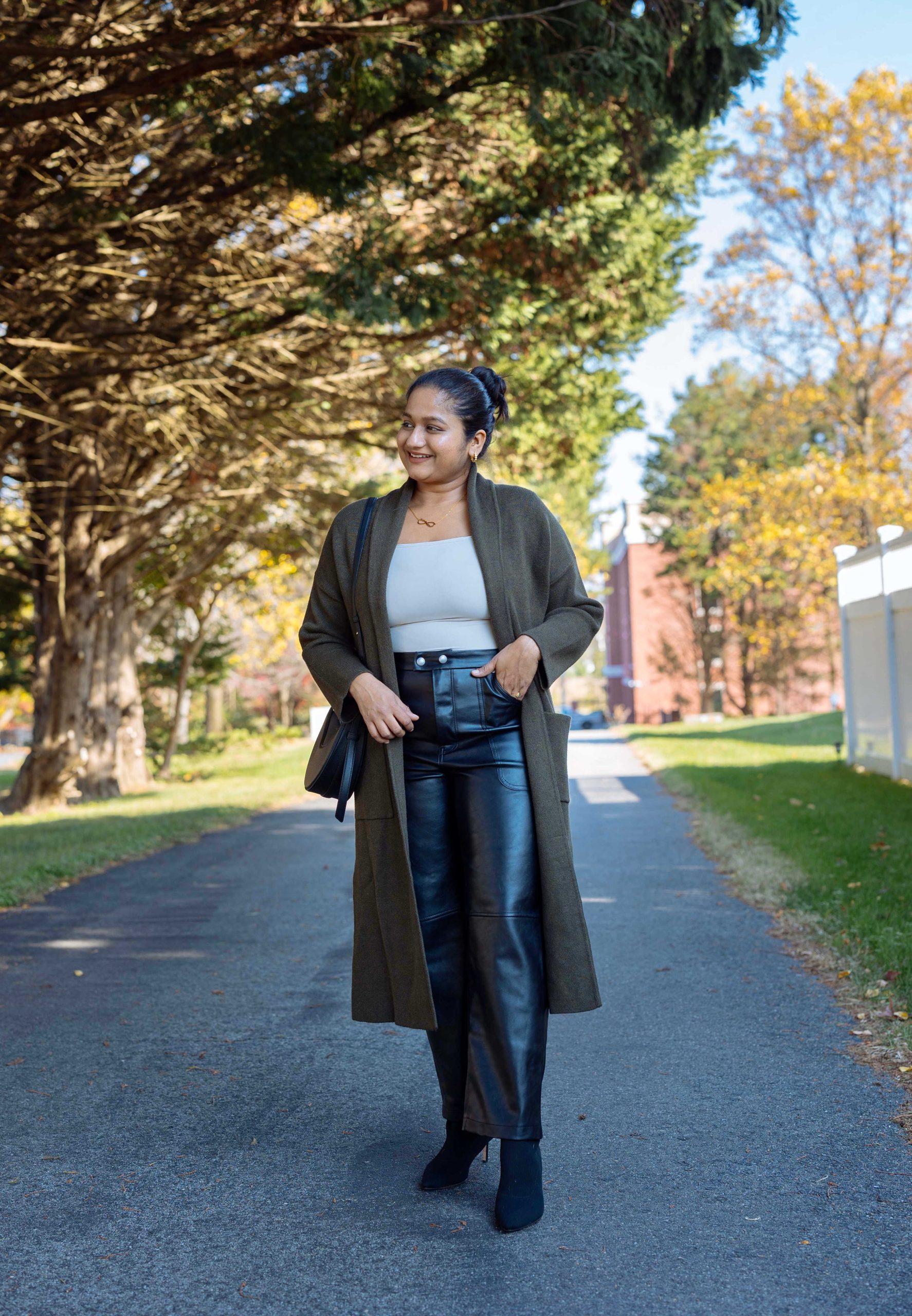 5 Cute Thanksgiving Outfits for Mid-Size Beauties - Wearing BlankNyC Faux Leather The Baxter Pants, Mango Oversized knitted coat, Polene Numero Dix by Top US Mid-size fashion blogger dreaming loud