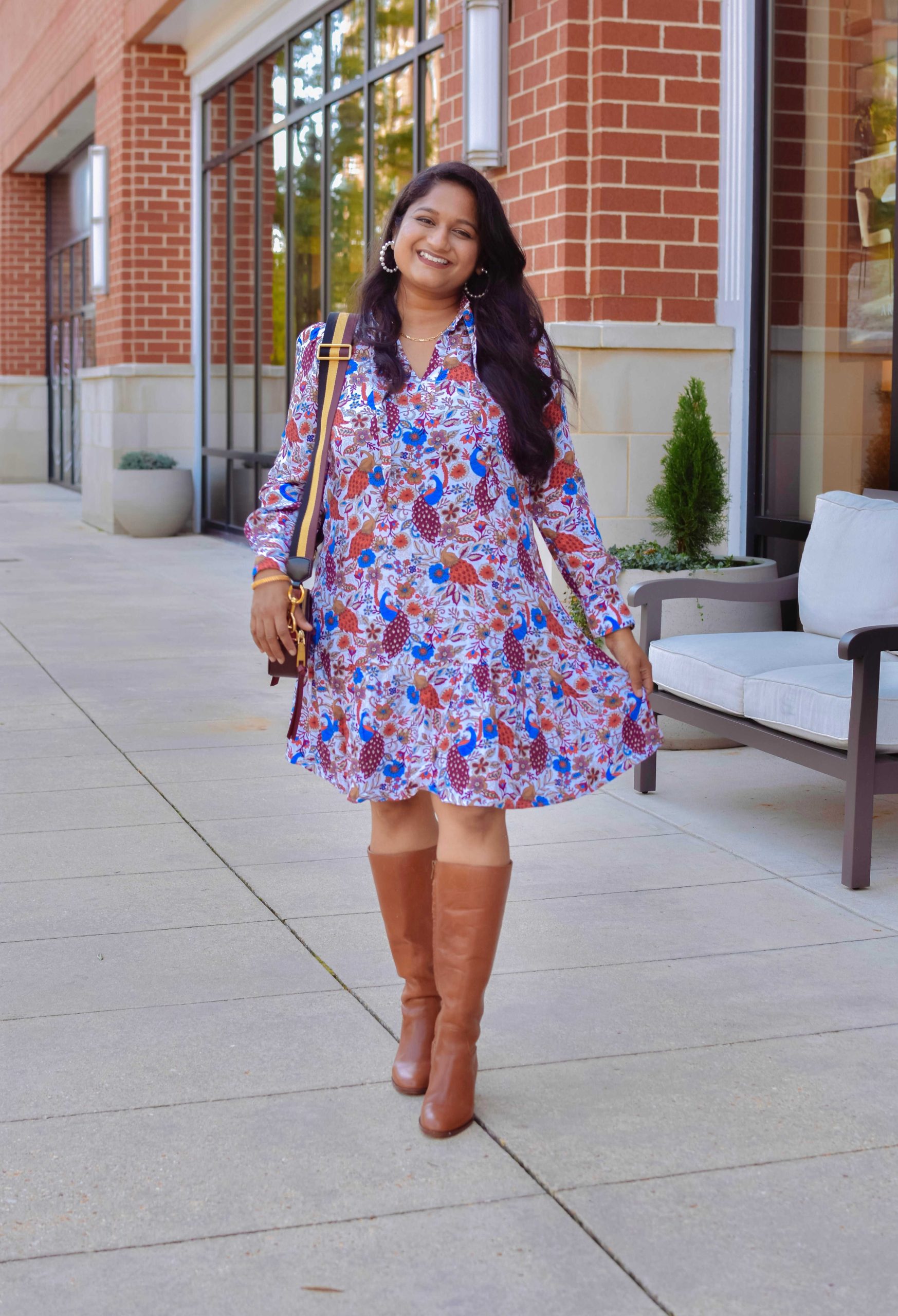 5 Cute Thanksgiving Outfits for Mid-Size Beauties - Wearing Loft Flounce Swing Dress, Madewell Leather boots by Top US Mid-size blogger Dreaming Loud