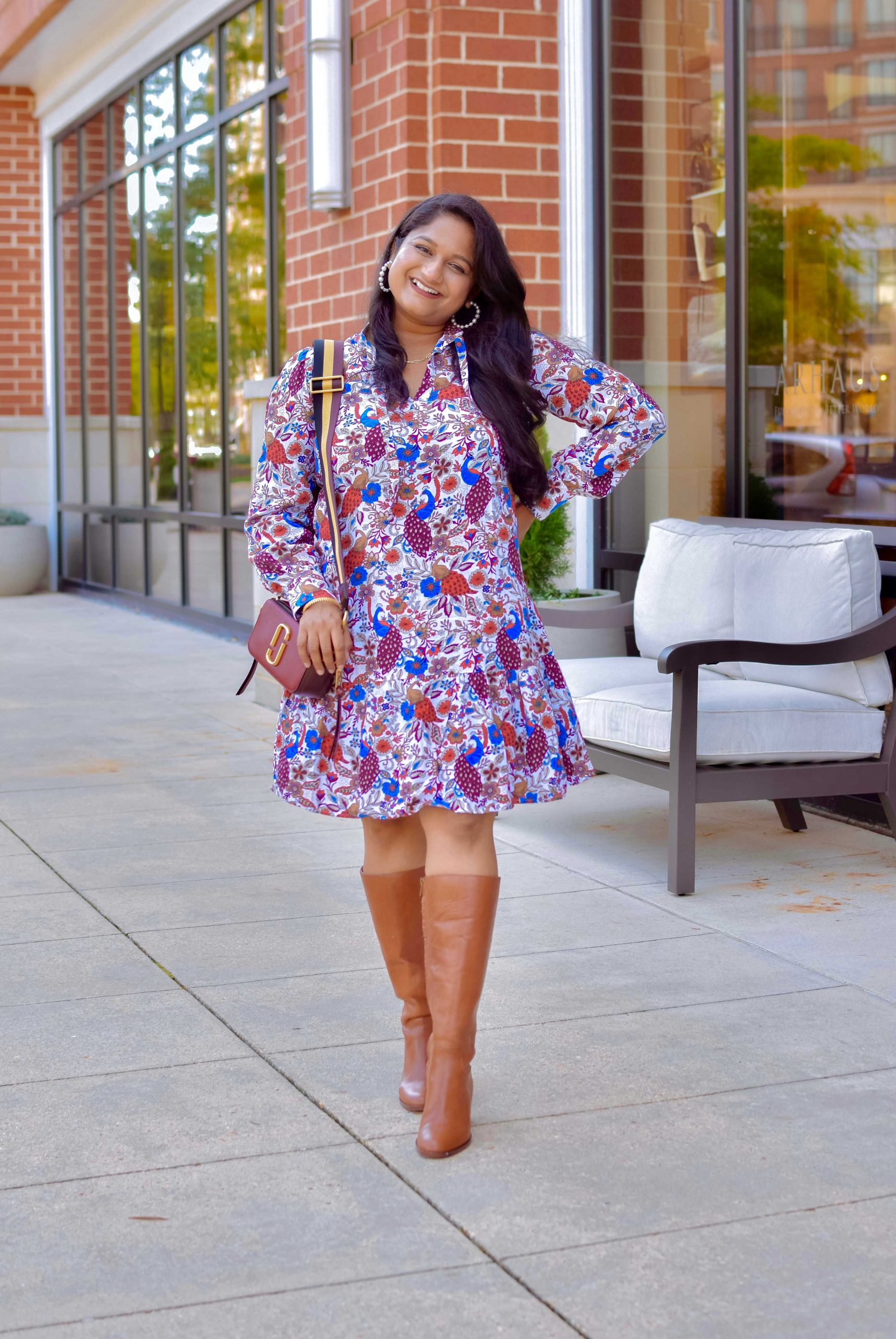 5 Cute Thanksgiving Outfits for Mid-Size Beauties - Wearing Loft Flounce Swing Dress, Madewell Leather boots by Top US Mid-size blogger Dreaming Loud